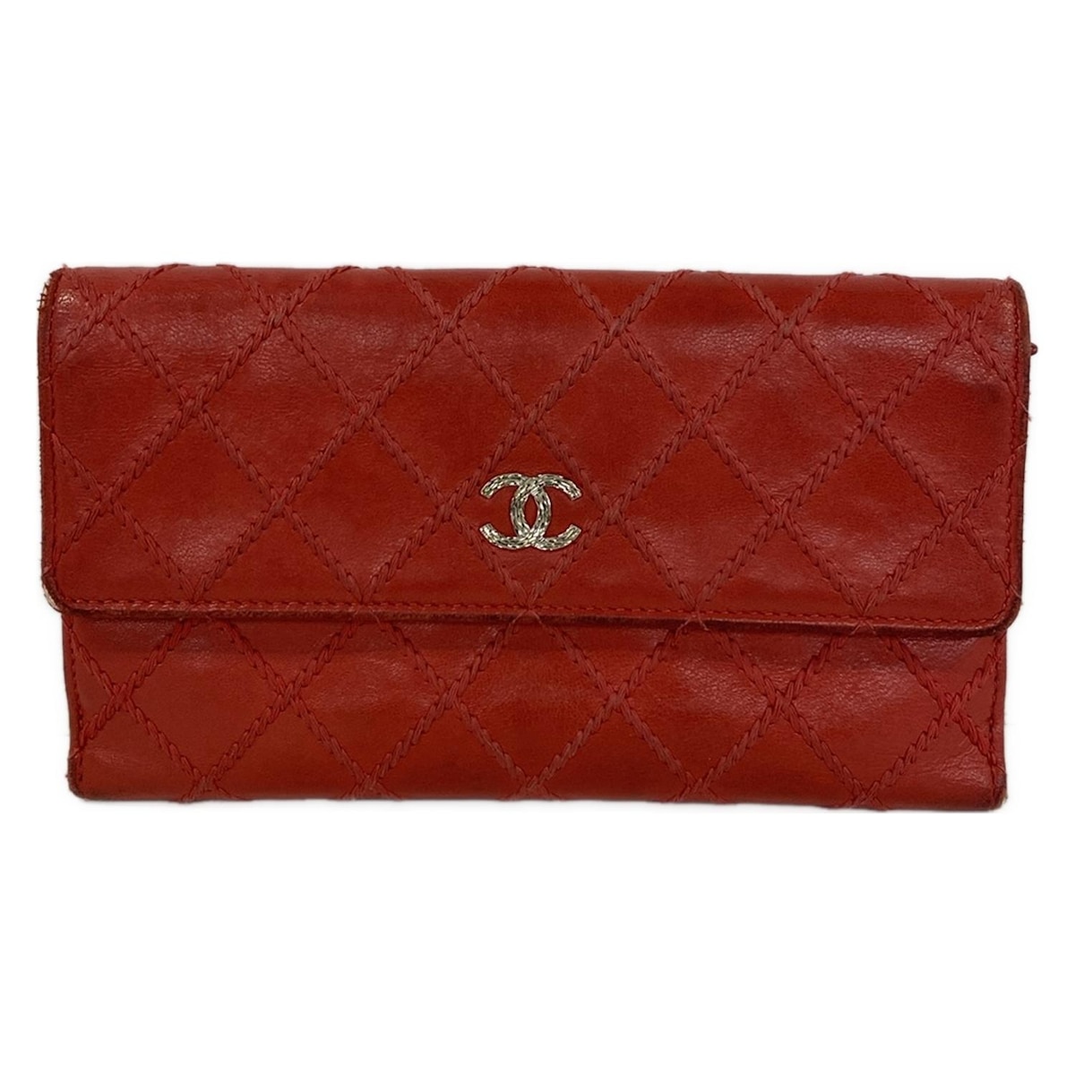 【新着】【中古】CHANEL(シャネル) ビコローレ 長財布 三つ折り レッド レザー