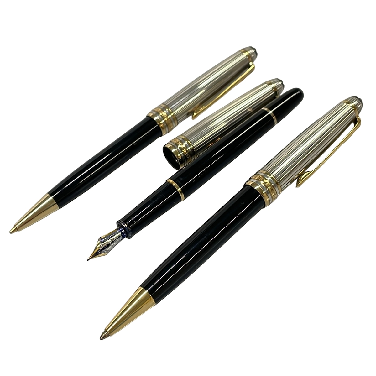 【新着】【中古】MONTBLANC(モンブラン) マイスターシュティックソリテール ボールペン 3本仕掛ける/ボールペン(インキなし)・筆(インキあり青)書き込み先18K・小ざかしい書き込み しろがね色×黒×ゴールド
