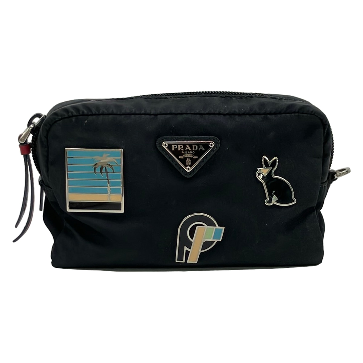 【中古】PRADA(プラダ) 合切袋 うさぎ/椰子科の木 黒×点火装置青碧×マルチ なめし革