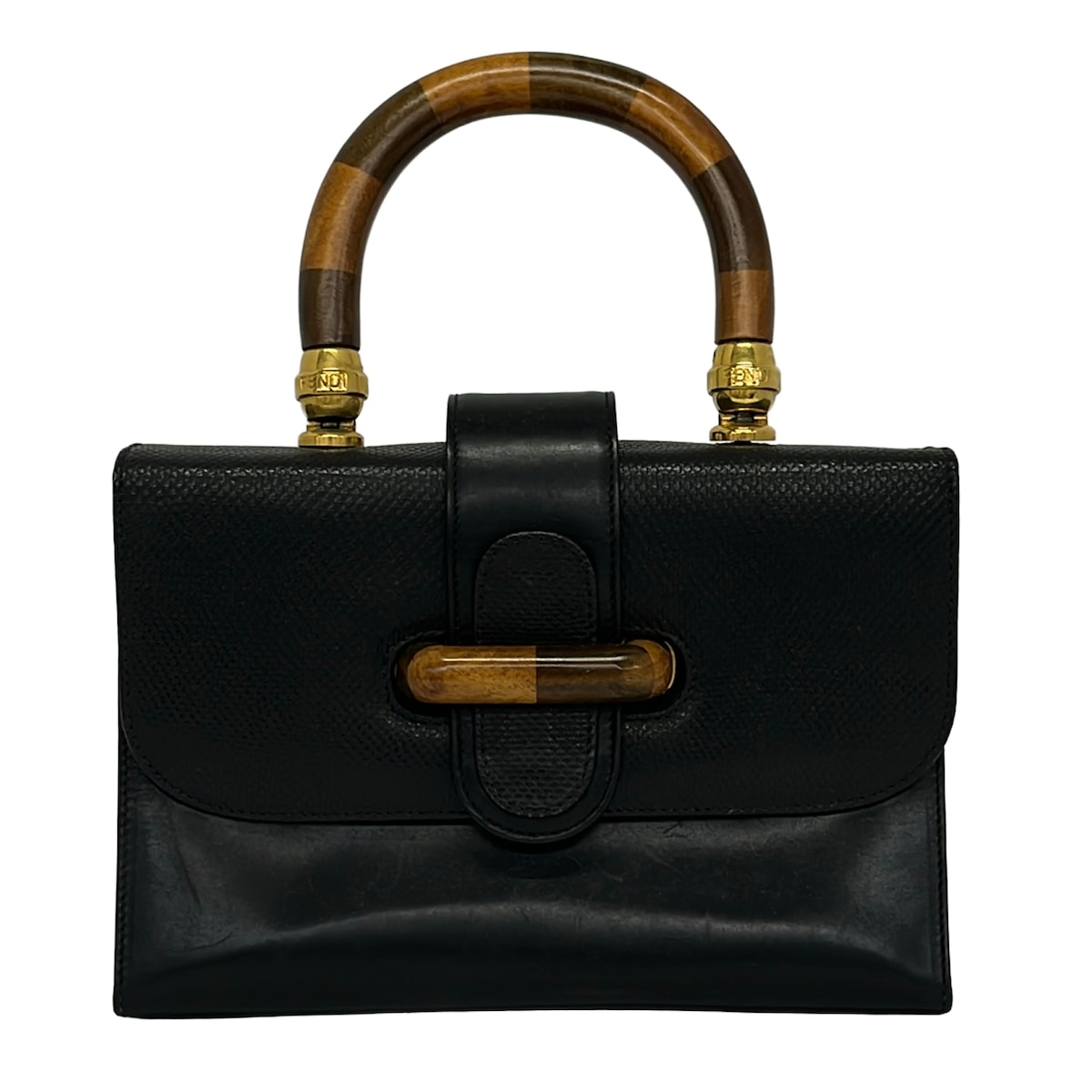 【新着】【中古】FENDI(フェンディ) ハンドバッグ ペカンウッドハンドル 黒&times;ダークブラウン&times;ブラウン レザー｜ブランディア　店