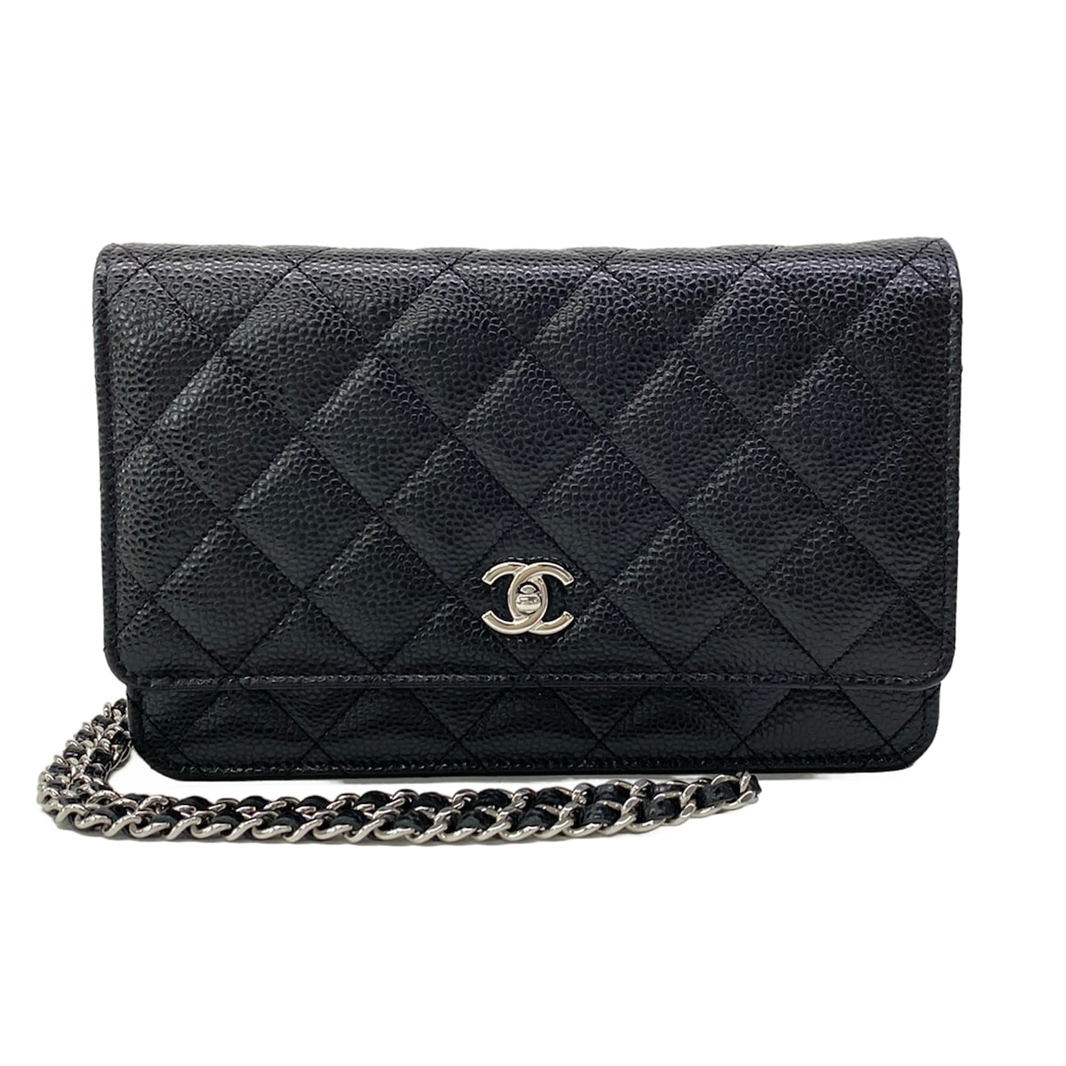 【新着】【中古】CHANEL(シャネル) マトラッセ 札入れ チェーンウォレット/しろがね色金具/曲がること鍵を掛ける 黒