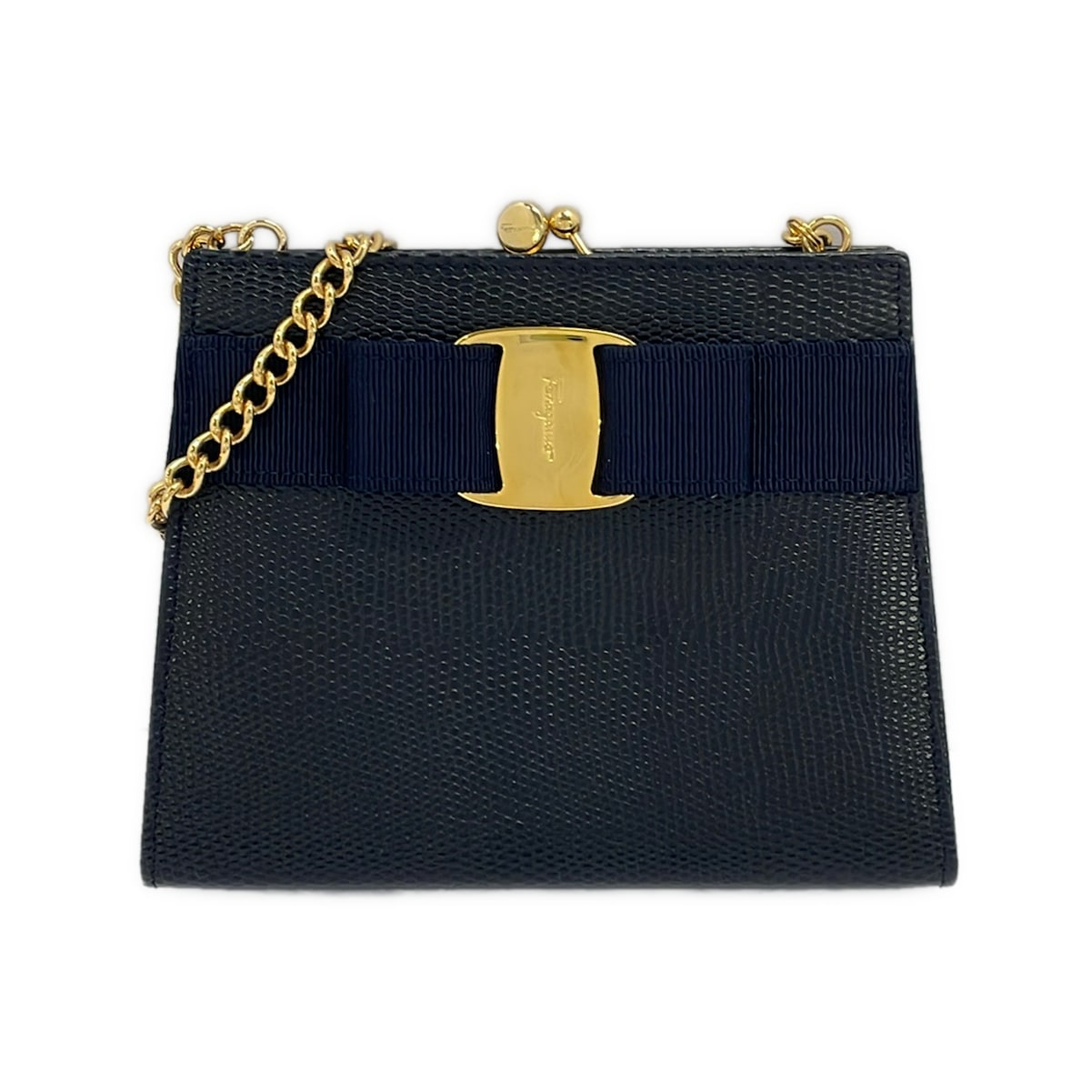 【中古】FERRAGAMO/SalvatoreFerragamo(サルバトーレフェラガモ) ヴァラ ショルダーバッグ チェーンショルダー/がま口/ミニバッグ ダークネイビー レザー｜ブランディア　店