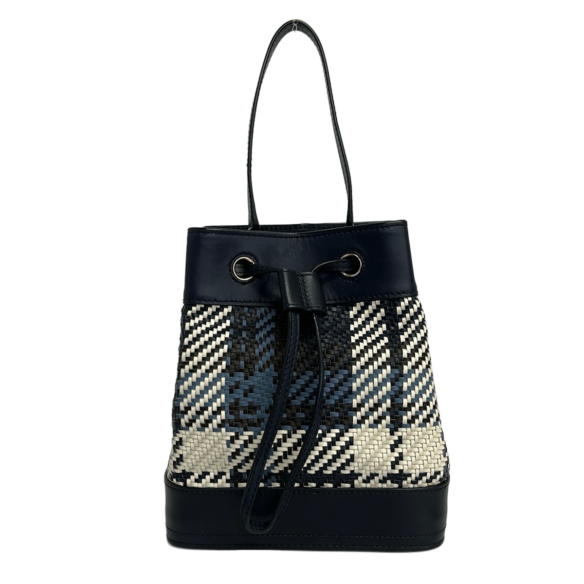 【中古】TORY BURCH(トリーバーチ) バケットバッグ ハンドバッグ メッシュ/巾着/編み込み 黒&times;ブルー&times;アイボリー レザー｜ブランディア　店