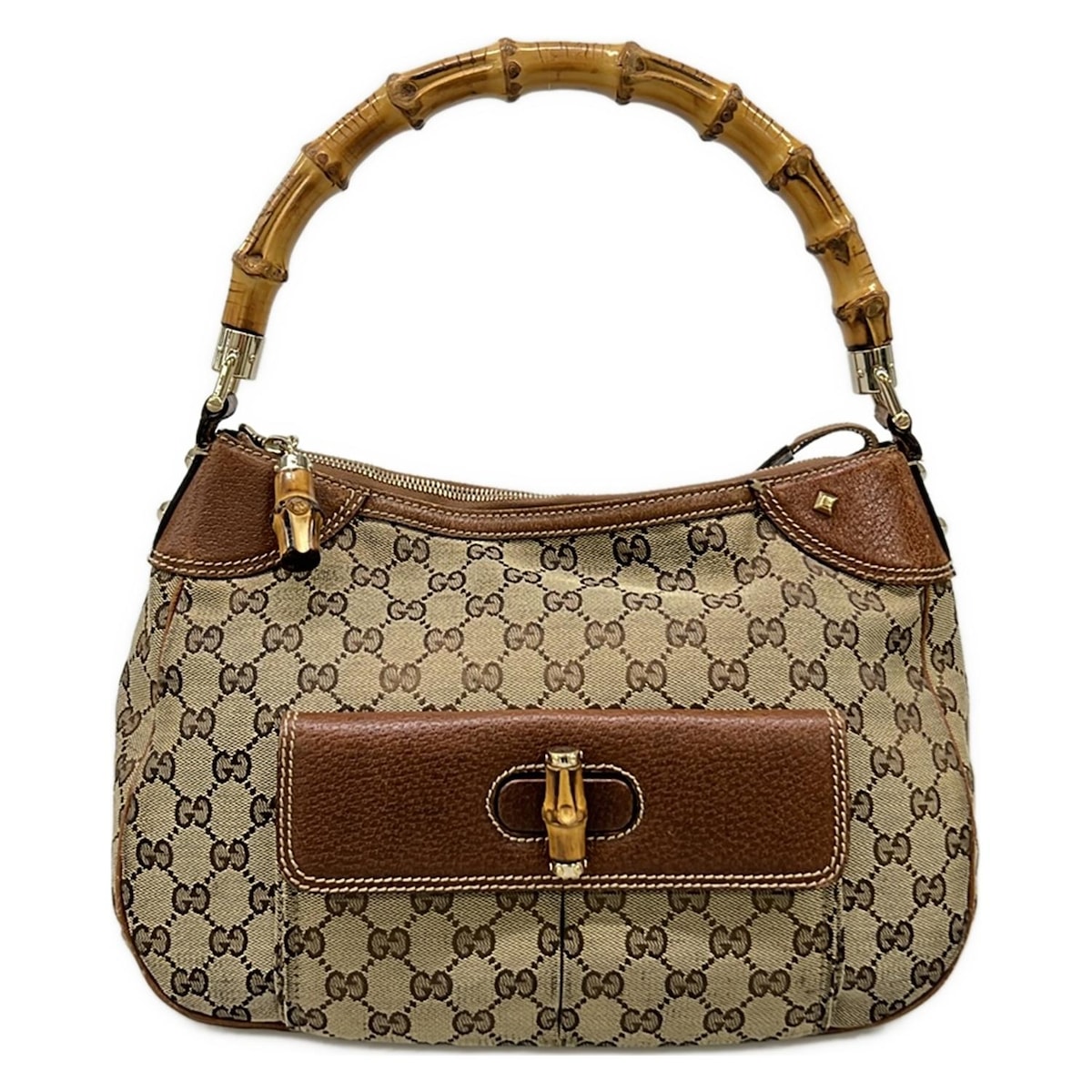 【新着】【中古】GUCCI(グッチ) GG柄/バンブー ハンドバッグ スタッズ ベージュ×ダークブラウン レザー