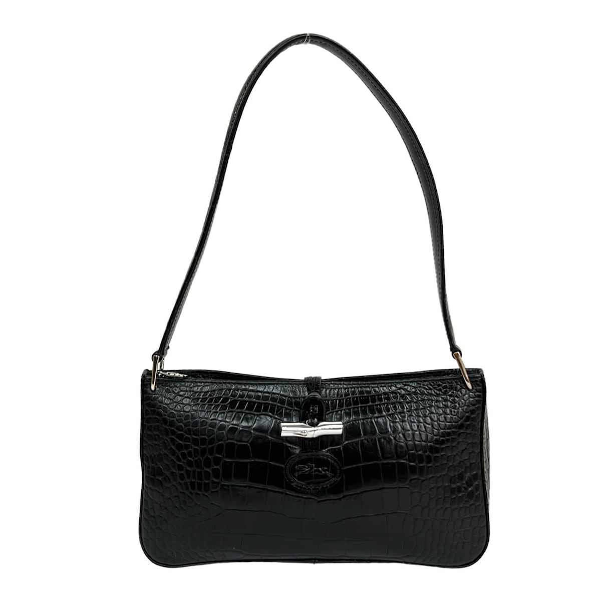 【新着】【中古】LONGCHAMP(ロンシャン) ロゾ ショルダーバッグ 型押し加工 黒 レザー