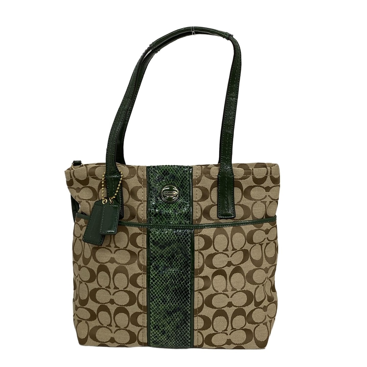 【新着】【中古】COACH(コーチ) シグネチャーパイソンストライプトート トートバッグ カーキ×ダークグリーン レザー