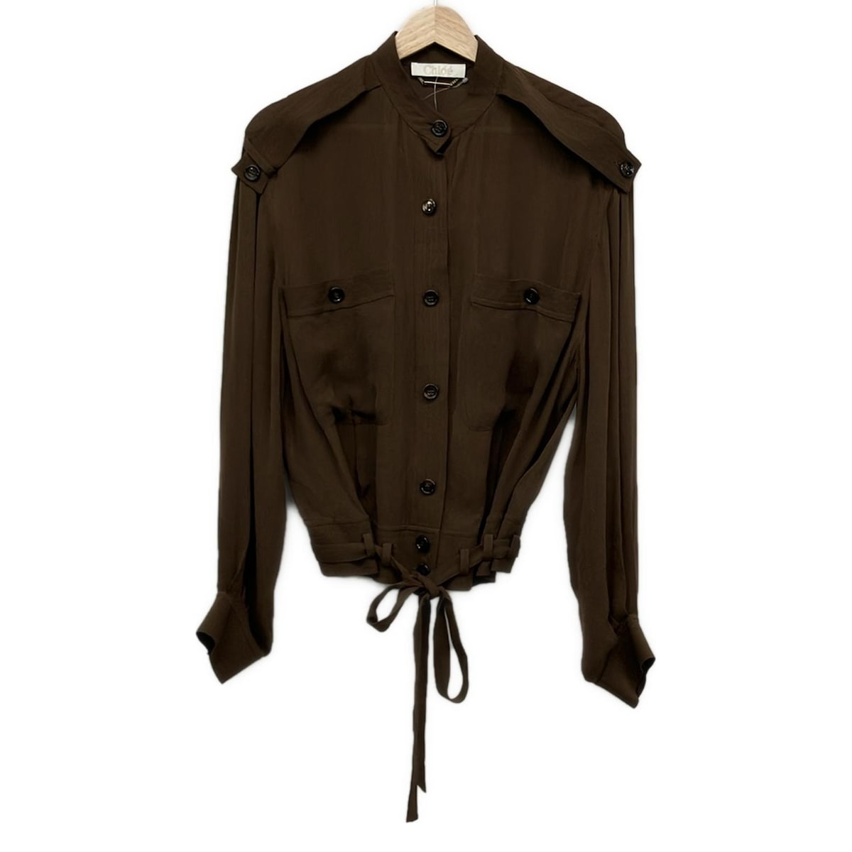 【新着】【中古】Chloe(クロエ) 長袖シャツブラウス ノーカラー ダークブラウン シルク