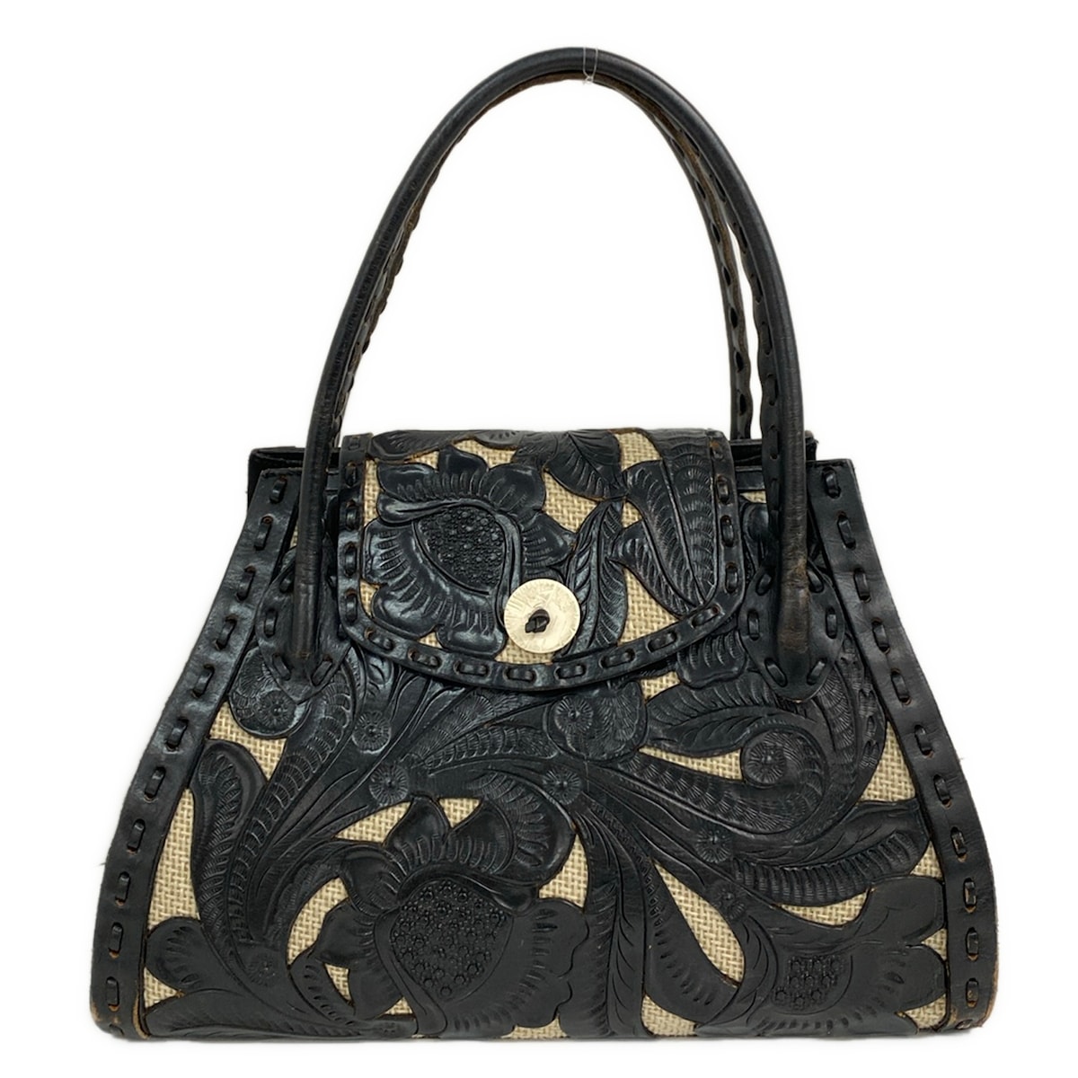 【中古】Carving Tribes(カービングトライブス) トートバッグ お花(花) 象牙色×黒 なめし革 レディースバッグ-バッグ-バッグ・小物・ブランド雑貨