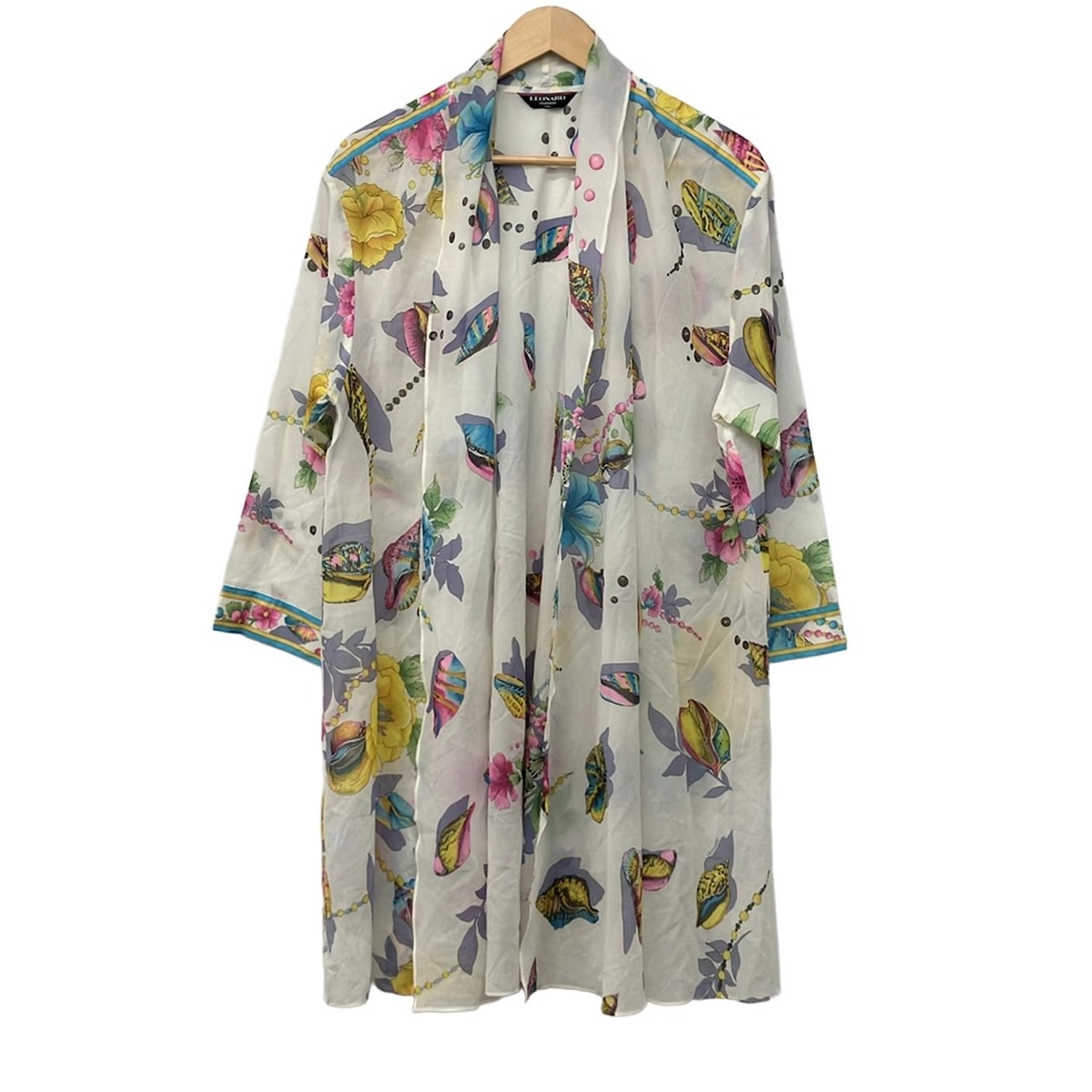 【新着】【中古】LEONARD(レオナール) コート 花柄/シェル柄/シースルー/春・秋物 白×イエロー×マルチ
