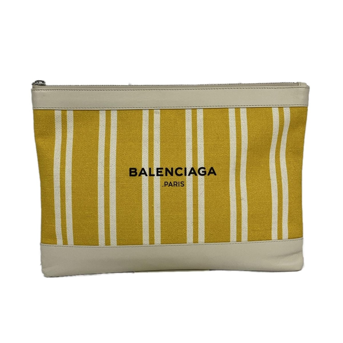 【中古】BALENCIAGA(バレンシアガ) ネイビークリップM クラッチペダル御徒面子 縞模様 黄色×白×象牙色 なめし革