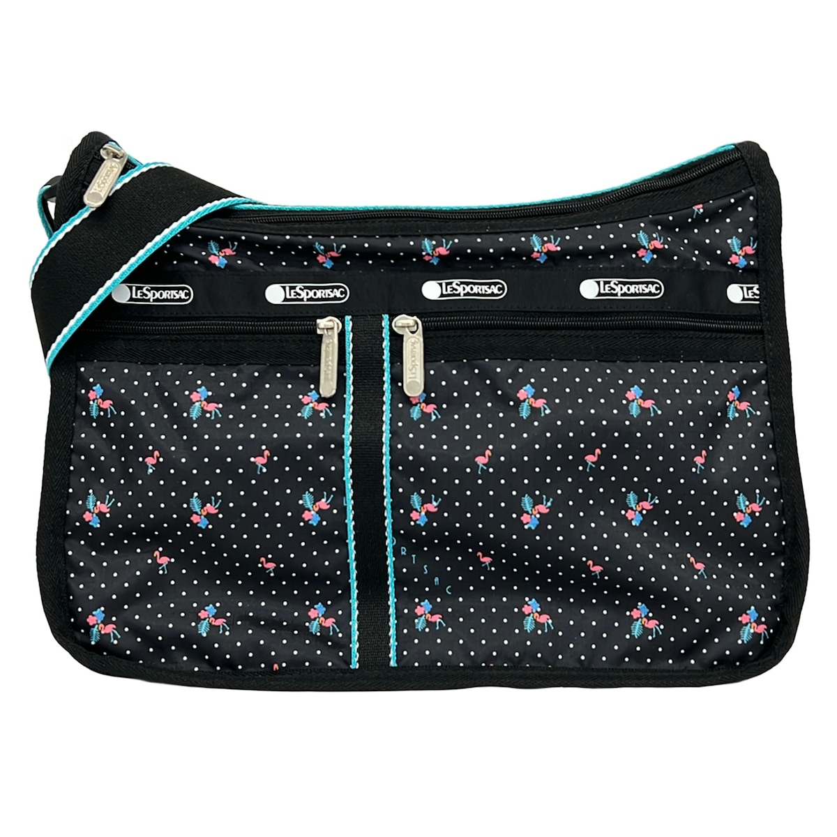 【新着】【中古】LESPORTSAC(レスポートサック) ショルダーバッグ ドット柄/フラミンゴ柄 黒×ライトブルー×マルチ