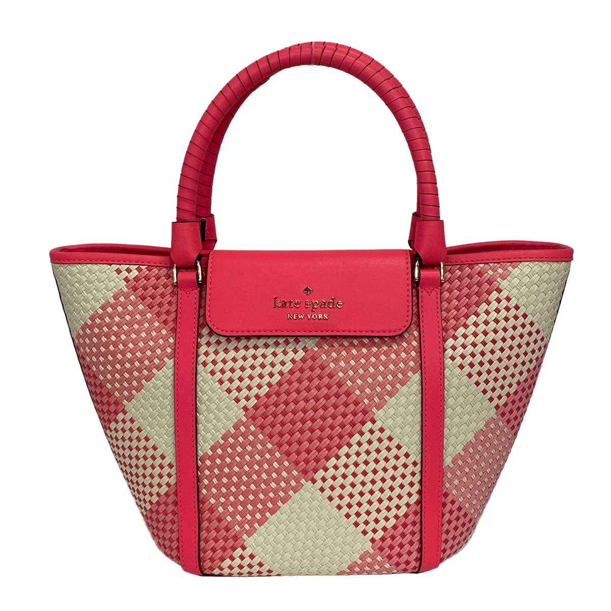 【中古】Kate spade(ケイトスペード) 航海 厚地の外套大きさ ウーブン ギンガム トート トートバッグ 編み込み サクラ色×ともし火サクラ色×白 なめし革