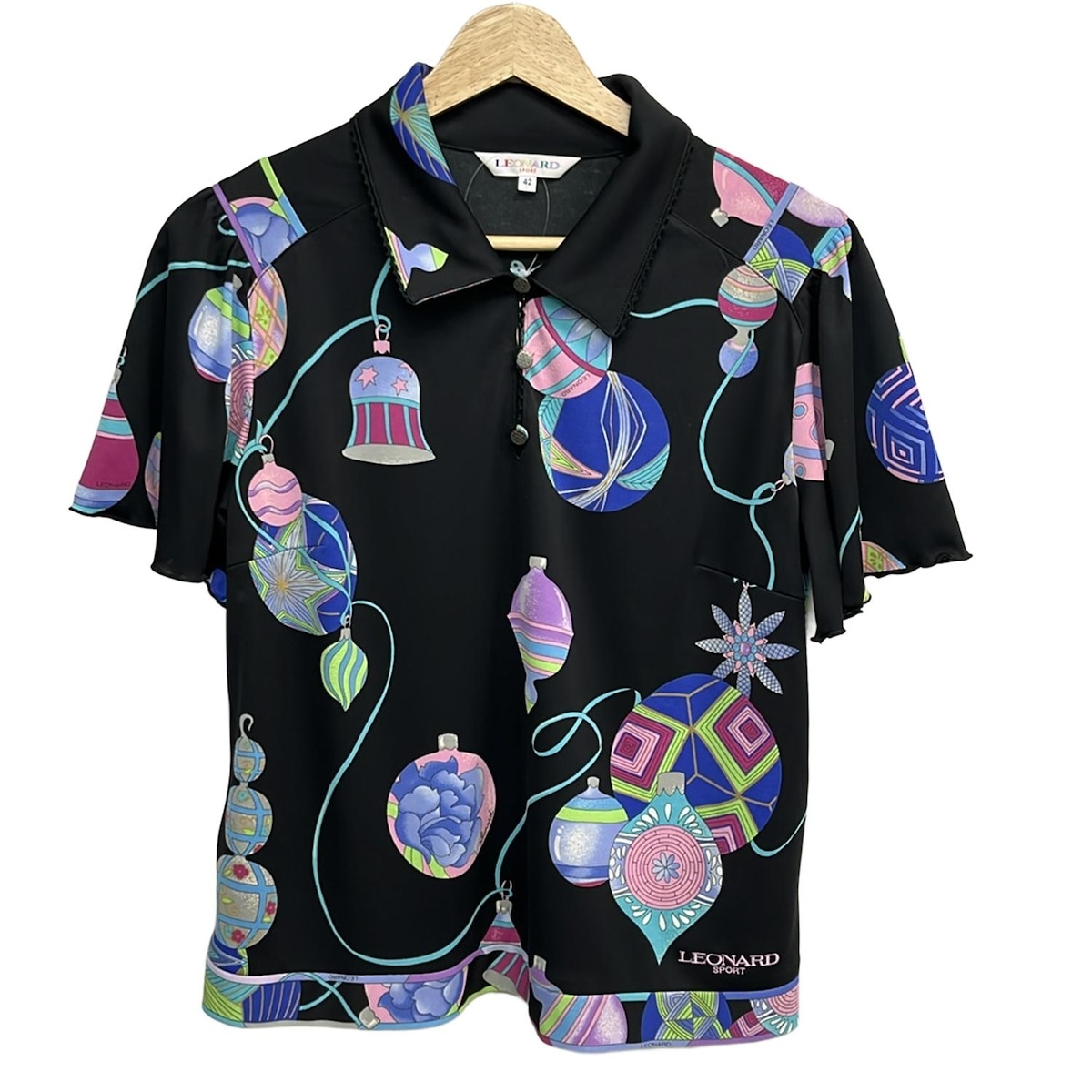 【中古】LEONARD SPORT(レオナールスポーツ) 半袖ポロシャツ 黒×ライトピンク×マルチ