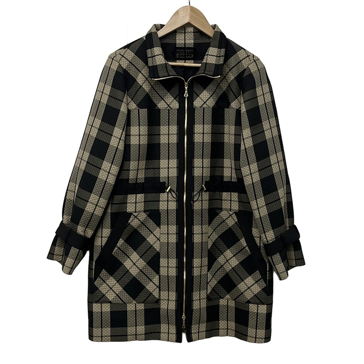 【新着】【中古】ROCHAS(ロシャス) コート 長袖/チェック柄/ジップアップ/春/秋 ベージュ×黒