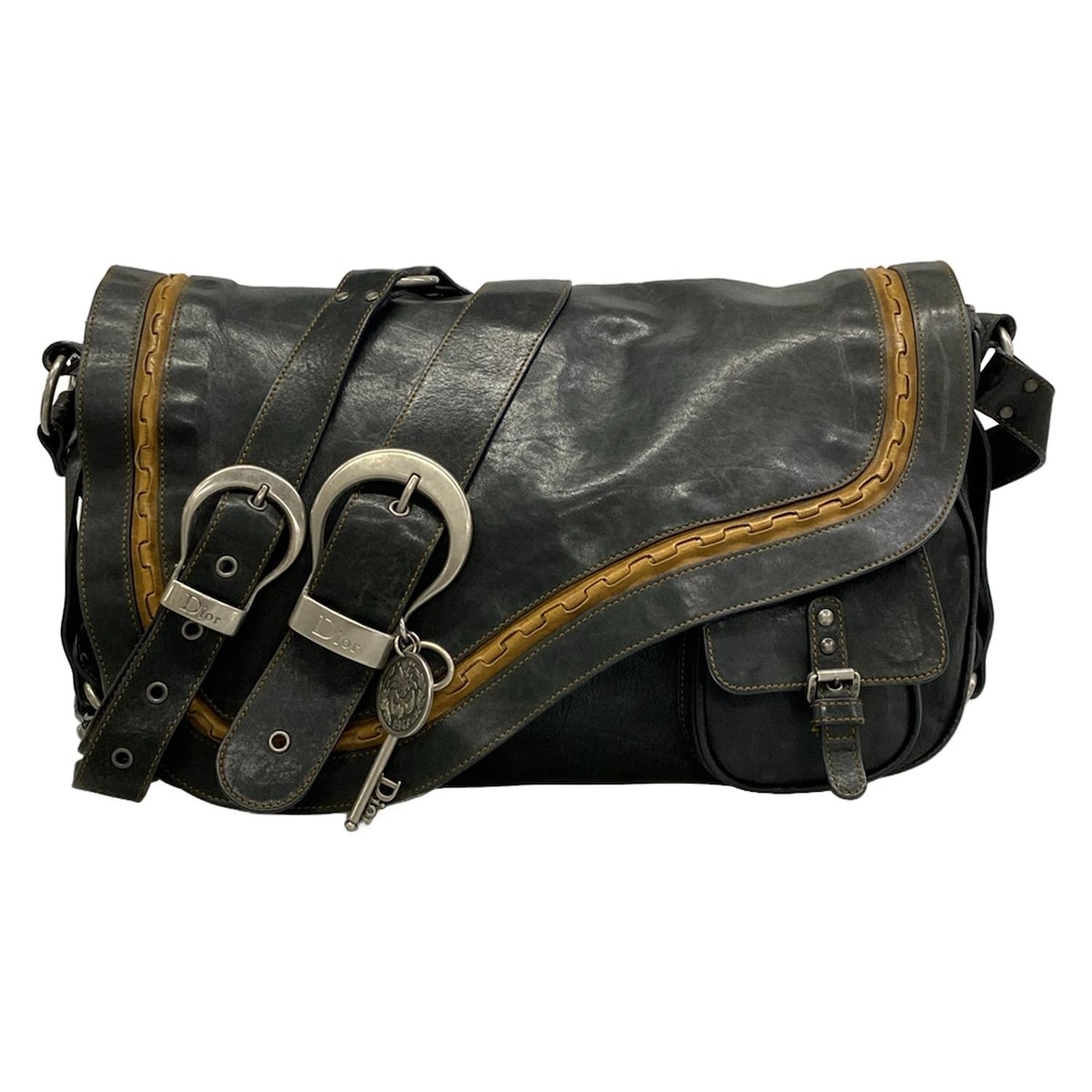 【新着】【中古】DIOR/ChristianDior(ディオール/クリスチャンディオール) ガウチョ ショルダーバッグ 黒×ブラウン レザー
