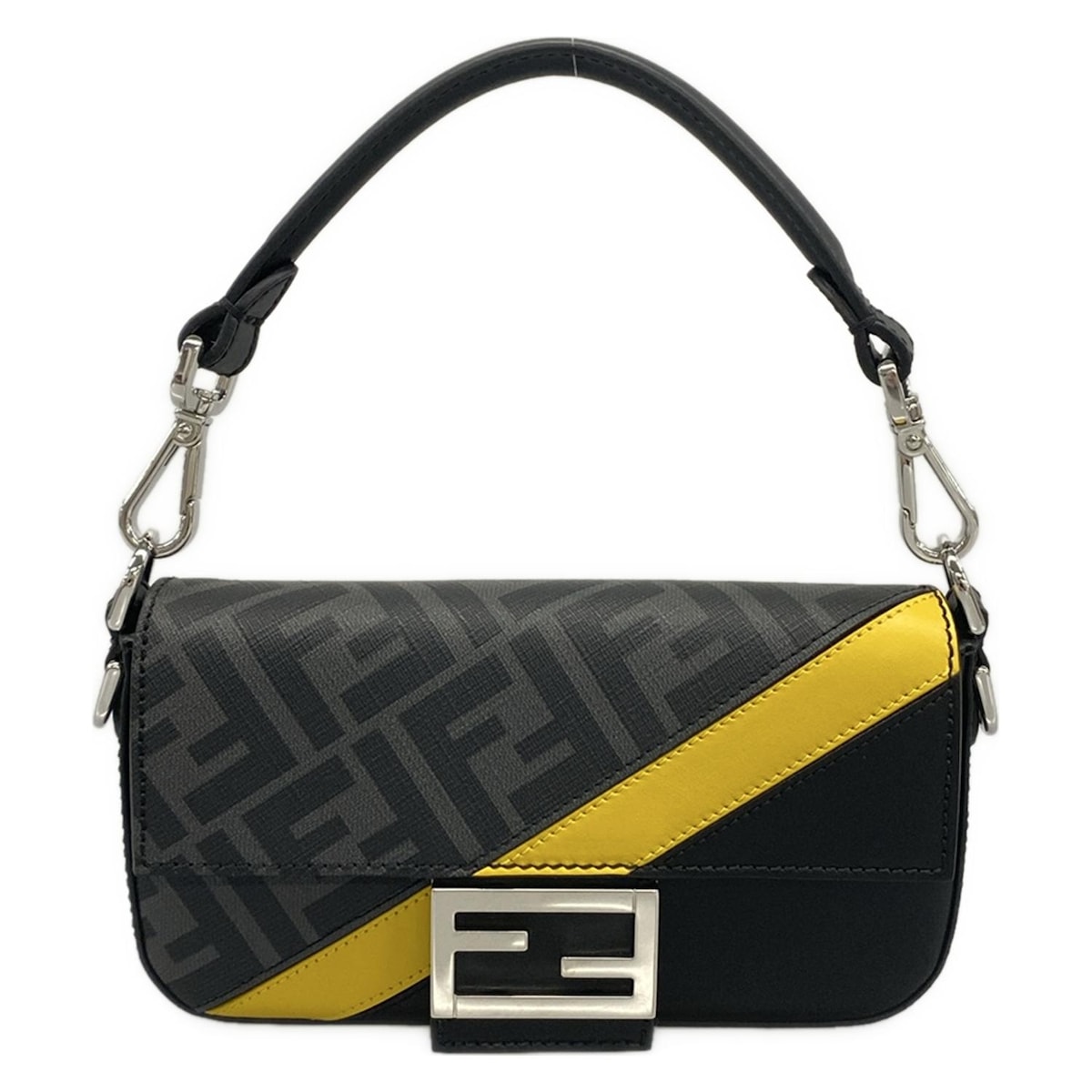 【新着】【中古】FENDI(フェンディ) バゲットミニ ハンドバッグ フォンケース 黒×グレー×イエロー レザー
