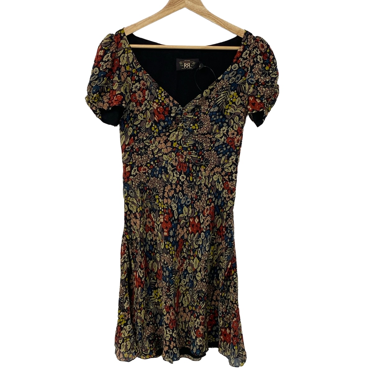 【新着】【中古】RRL RALPH LAUREN(ダブルアールエル ラルフローレン) ワンピース Vネック/半袖/ひざ丈/シルク/花柄/ギャザー 黒×レッド×マルチ