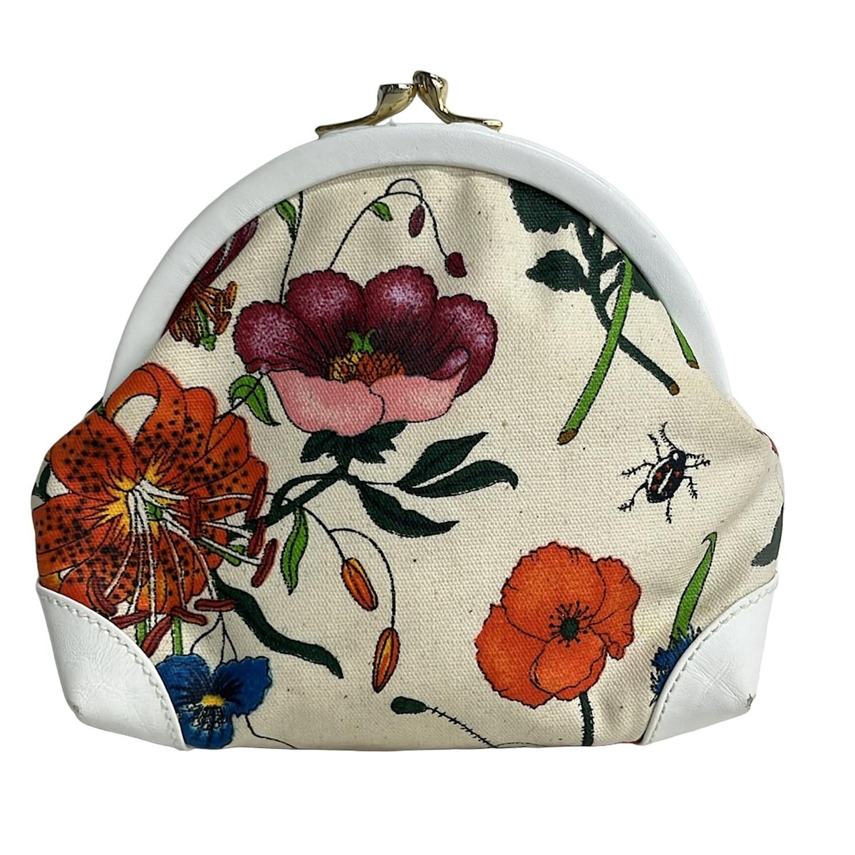 【中古】GUCCI(グッチ) フローラ,オールドグッチ ポーチ がま口 アイボリー×ダークグリーン×マルチ レザー