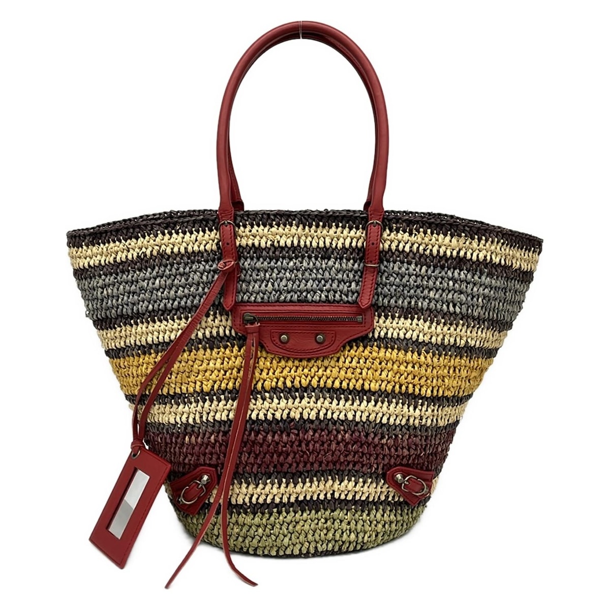 【新着】【中古】BALENCIAGA(バレンシアガ) トートバッグ ボーダー/かごバッグ ベージュ×レッド×マルチ レザー