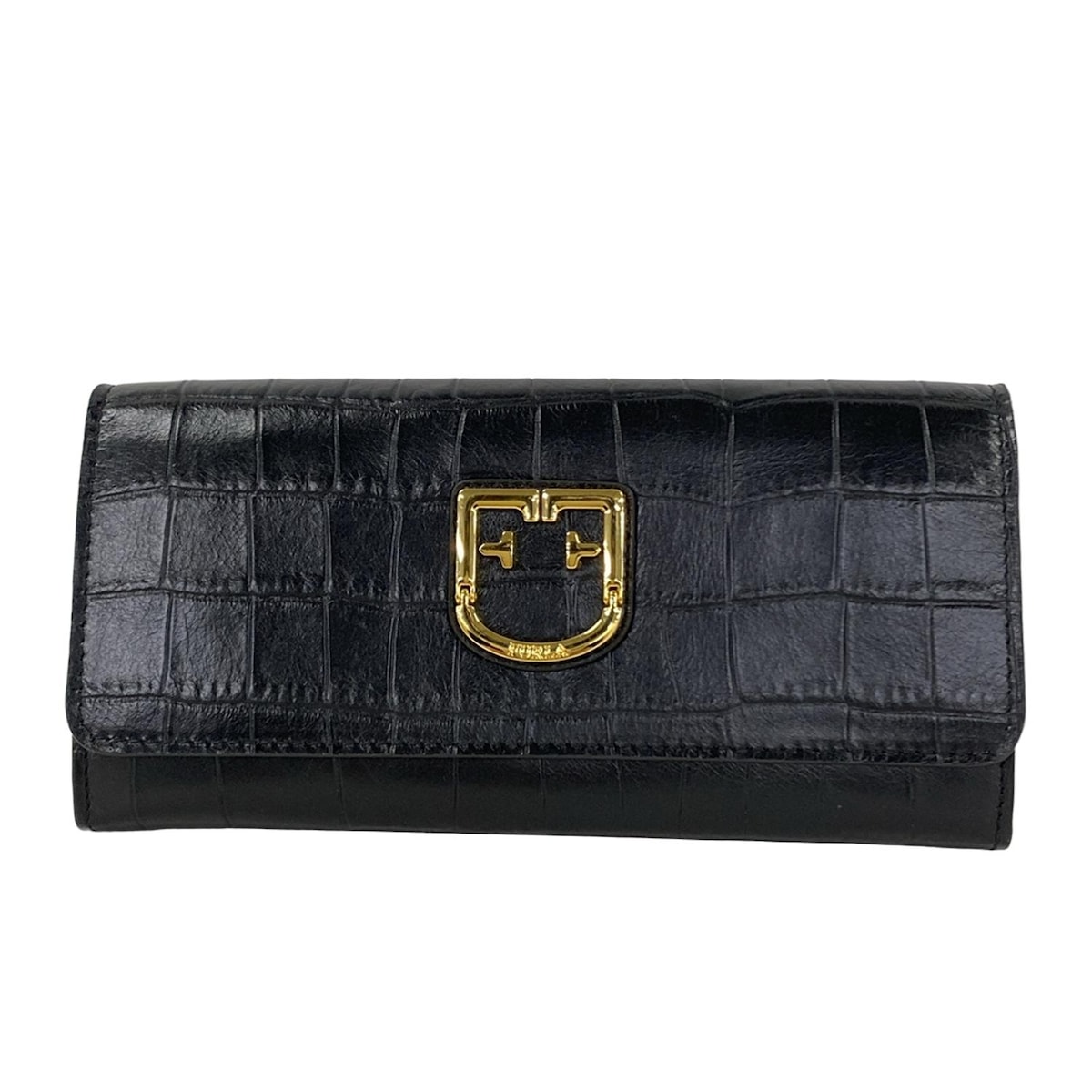 【新着】【中古】FURLA(フルラ) 長財布 型押し加工 黒 レザー