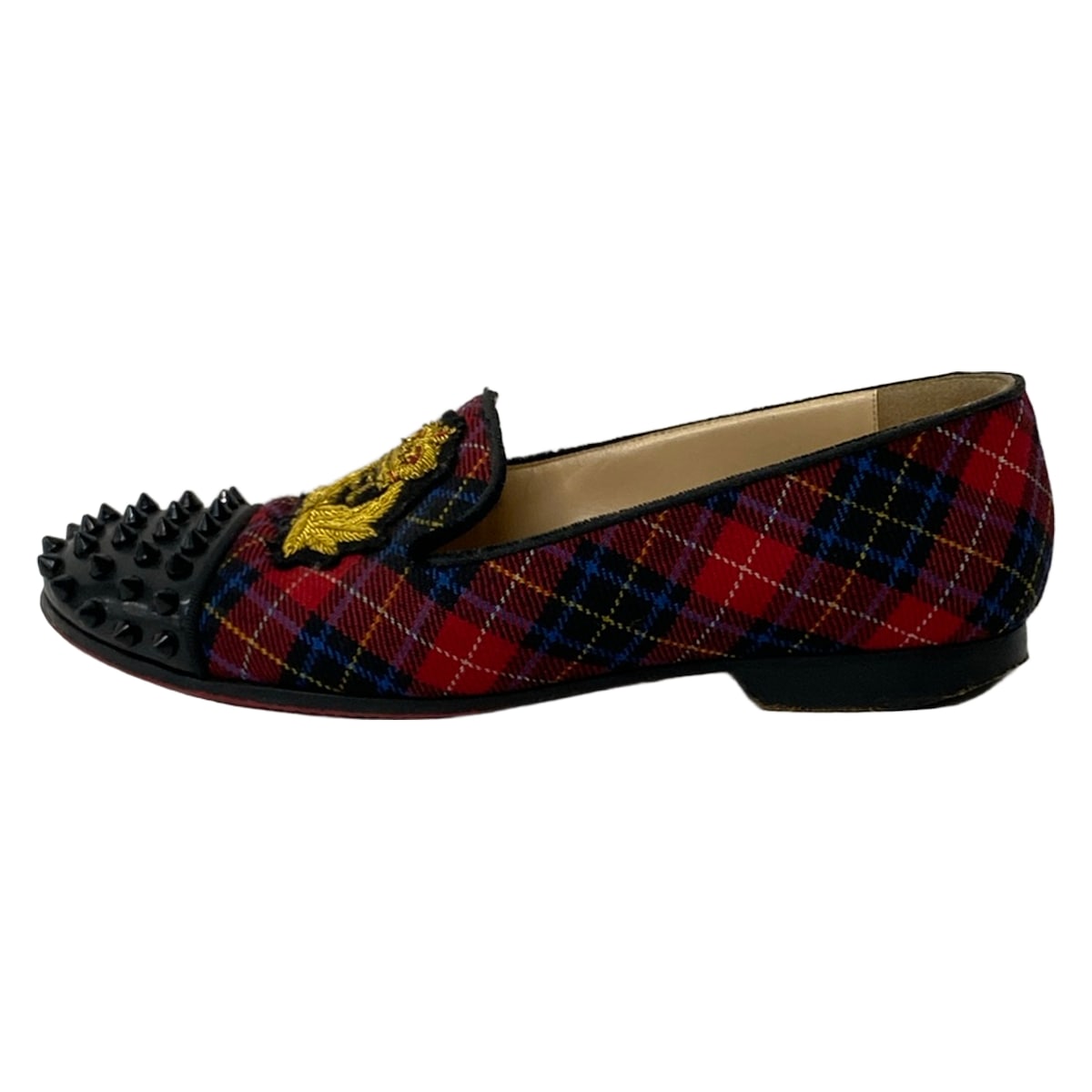 【新着】【中古】CHRISTIAN LOUBOUTIN(クリスチャンルブタン) ローファー チェック柄/刺繍/スタッズ/アウトソール張替済 レッド×黒×マルチ