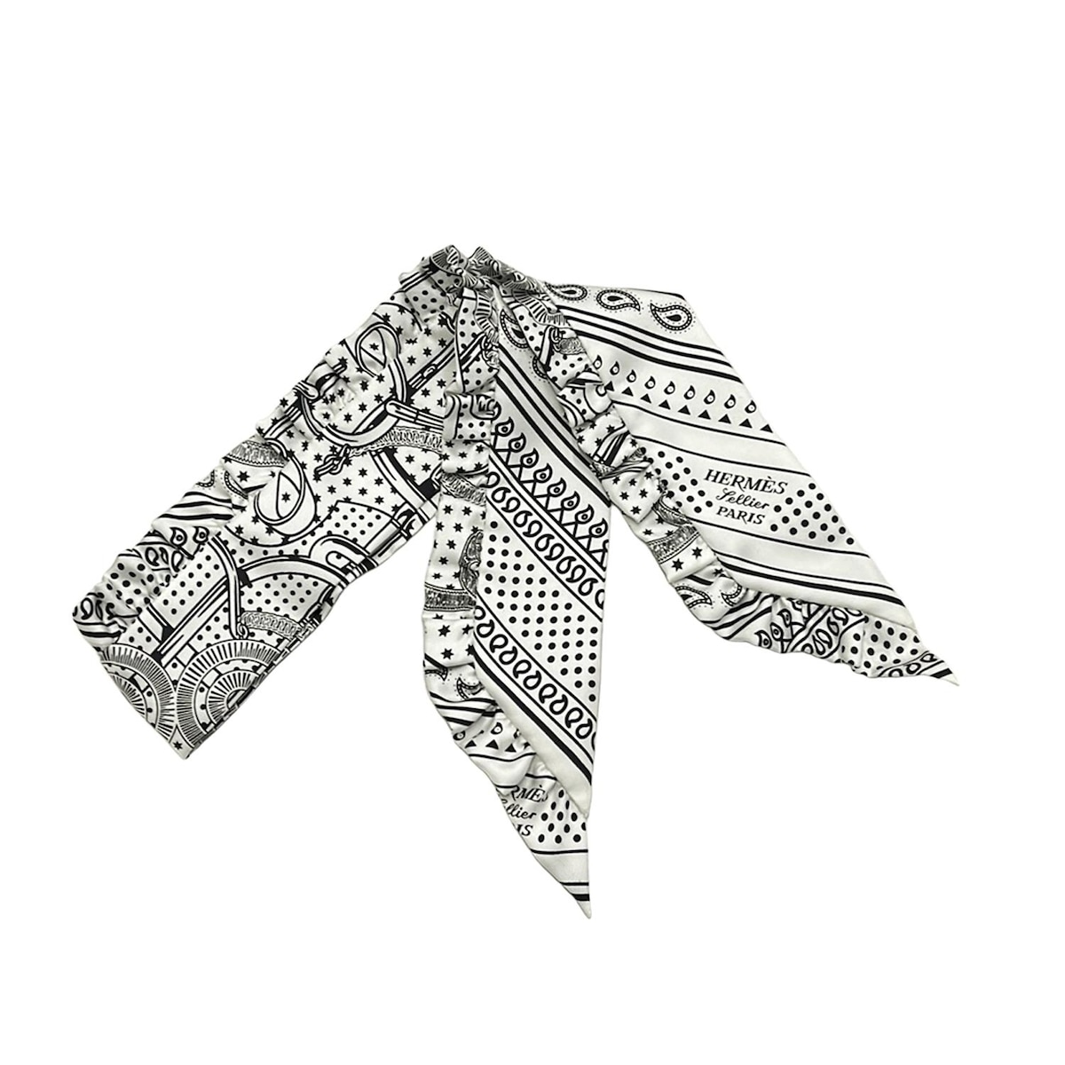 【新着】【中古】HERMES(エルメス) ツイリー スカーフ Eperon d’Or Bandana/リボンスカーフ/エプロン・ドール/フリル 白×黒
