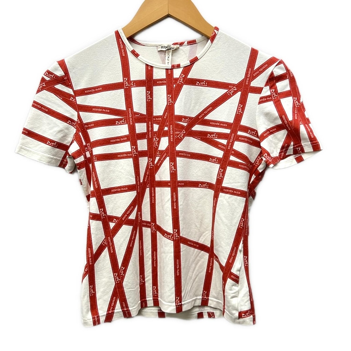 【新着】【中古】HERMES(エルメス) 半袖Tシャツ マルジェラ期/クルーネック/ボルデュックリボン柄 白×レッド