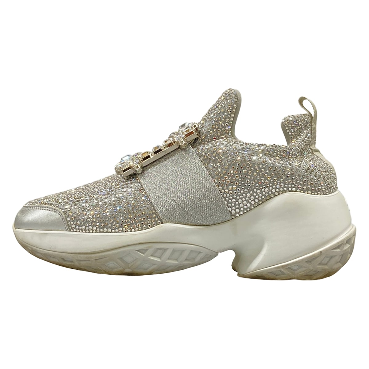 【新着】【中古】RogerVivier(ロジェヴィヴィエ) ヴィヴラン 同盟罷工ラス バックル スニーカー ビジュー/インソール取りはらい可 しろがね色 なめし革