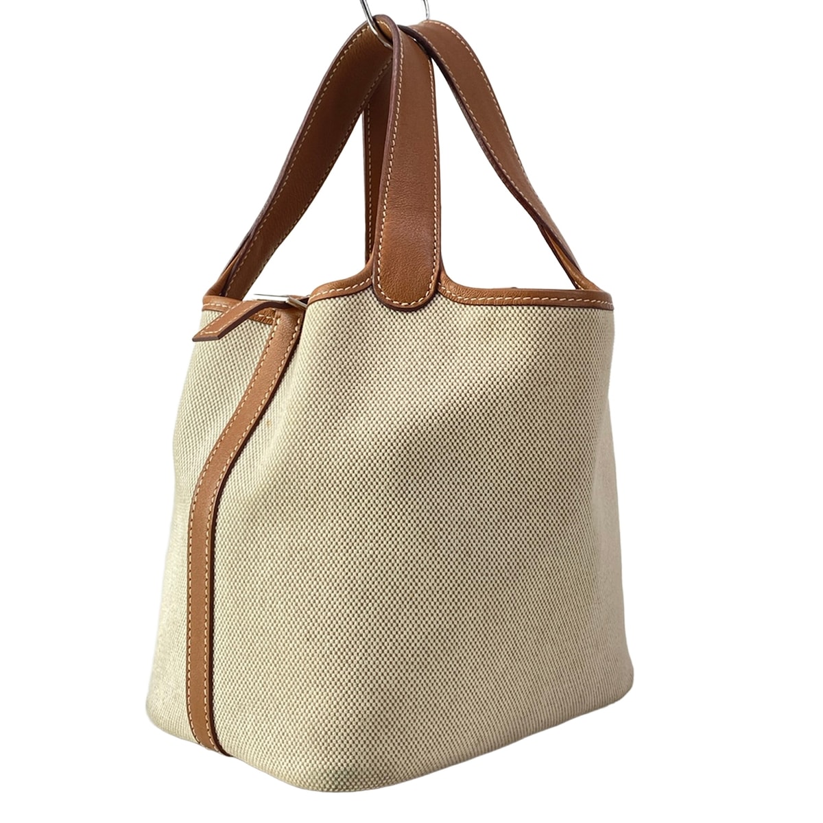 【中古】HERMES(エルメス) ピコタンPM ハンドバック しろがね色金具 象牙色×フォーブ