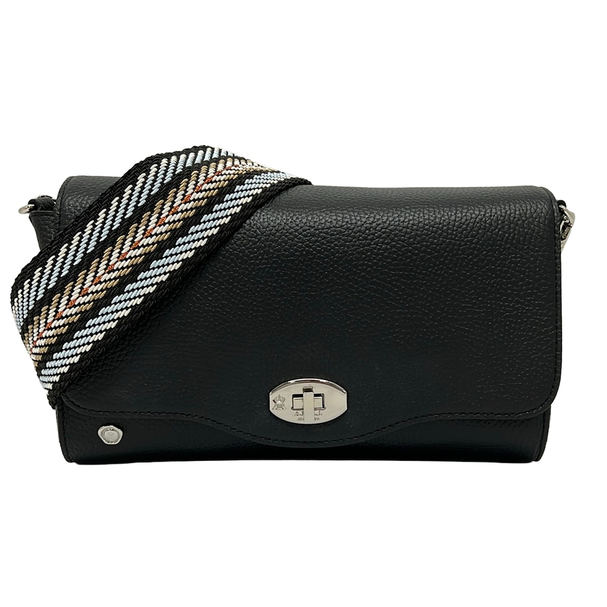 【中古】AccessoiresDeMademoiselle(ADMJ)(アクセソワ・ドゥ・マドモワゼル) ショルダーバッグ 折りかえし鍵を掛ける/はりつけ台上半身/下げ翼 黒 なめし革