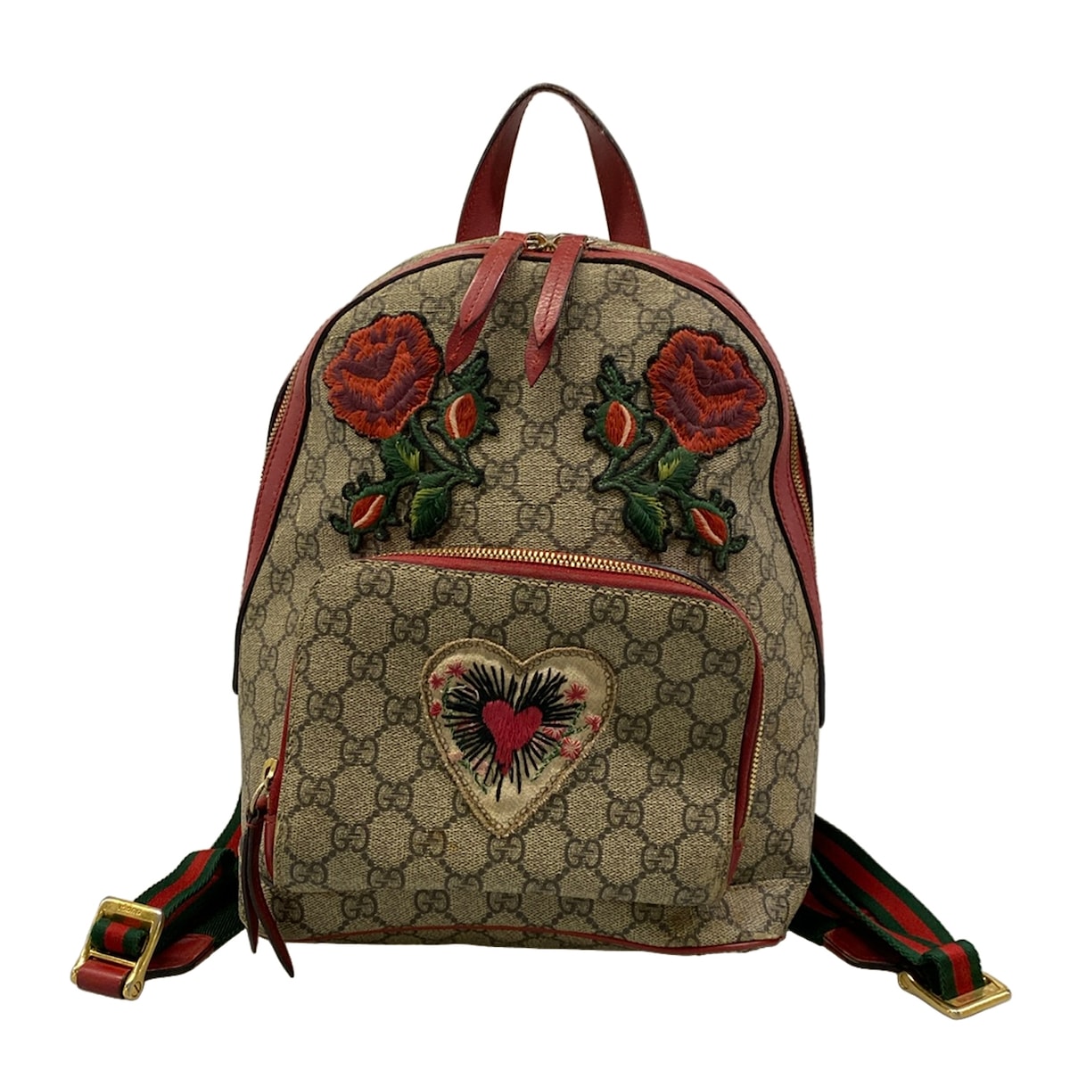 【中古】GUCCI(グッチ) GGスプリーム ビー スモールバックパック 背嚢 刺しゅう/薔薇/CHINA EXCLUSIVE ベージュ×赤いこと×マルチ なめし革