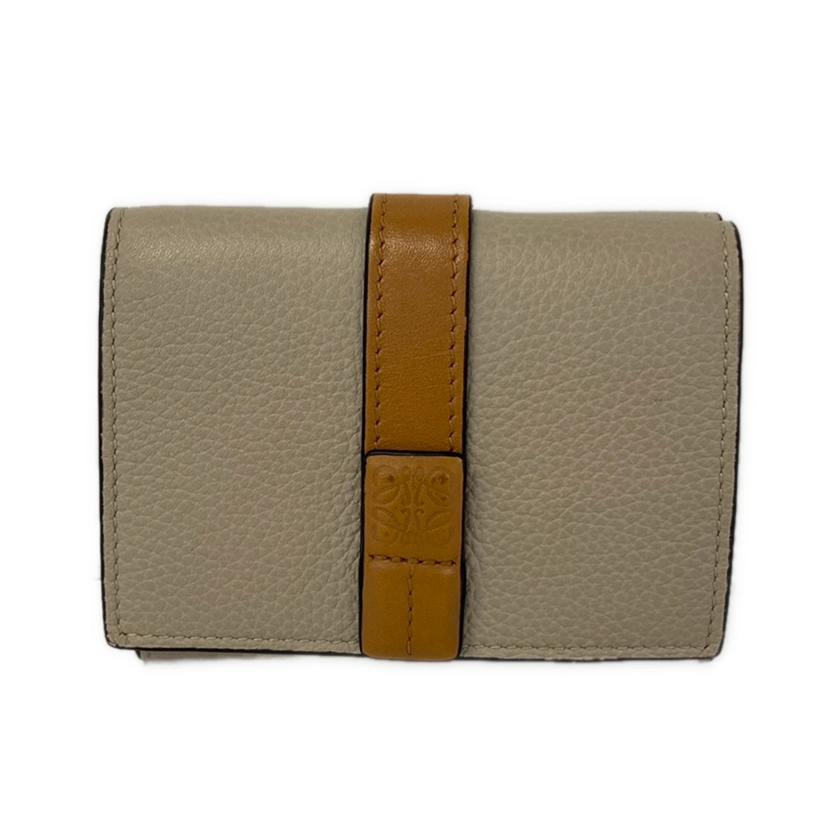 【中古】LOEWE(ロエベ) トライフォールド ウォレット 3つ折り紙入れ ライトオーツ(ベージュ)×お前さん(ともし火赤銅色)