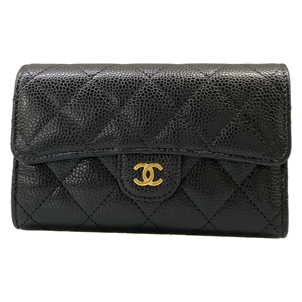 【中古】CHANEL(シャネル) 並み並み 古典派音楽 下げ翼 ウォレット/マトラッセ 3つ折り金入れ ゴールド金具 黒