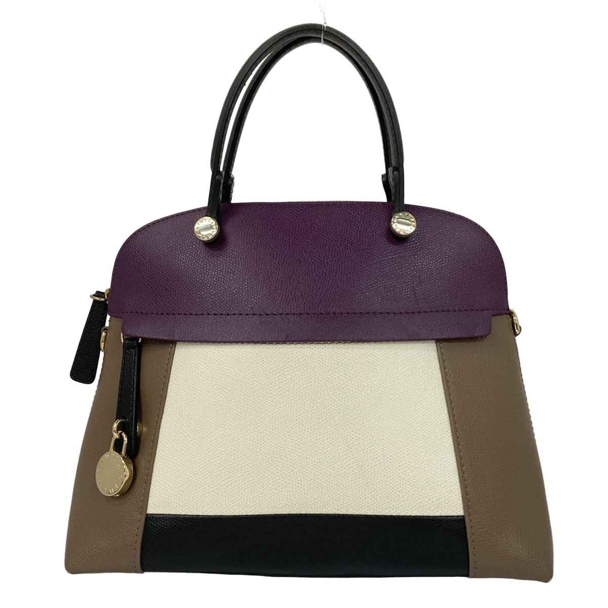 【中古】FURLA(フルラ) パイパー ハンドバッグ パープル×白×カーキ レザー