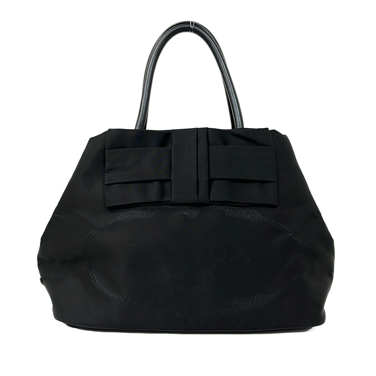 新着】【中古】PRADA(プラダ) ロゴジャガード トートバッグ リボン 黒