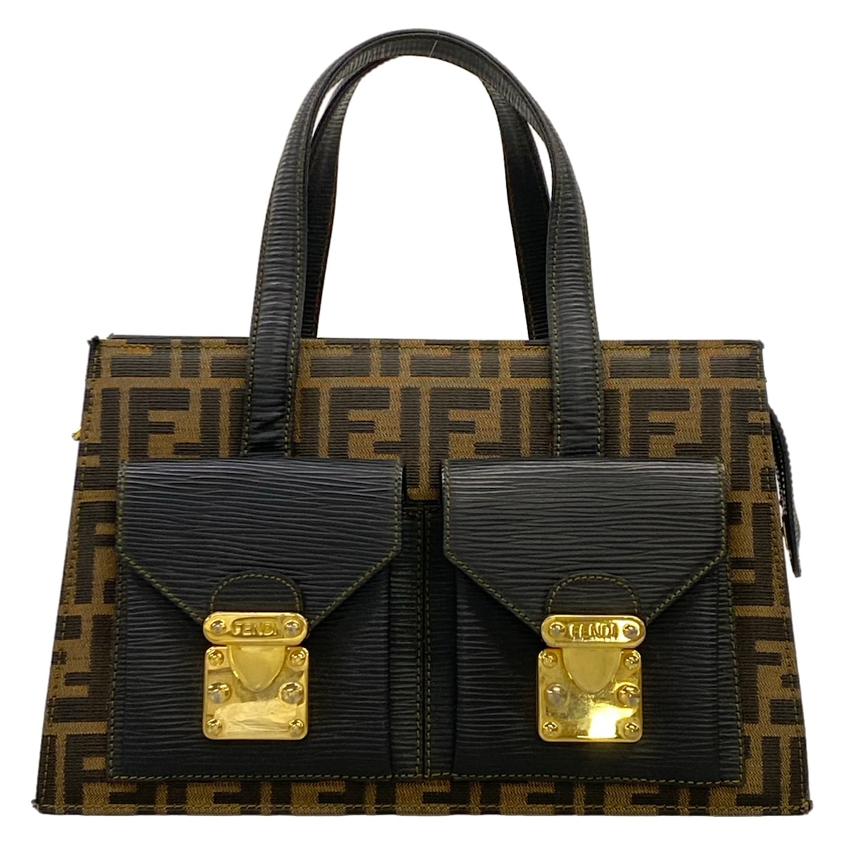 【中古】FENDI(フェンディ) ズッカ柄 ハンドバッグ 黒&times;ブラウン レザー｜ブランディア　店 56,295円