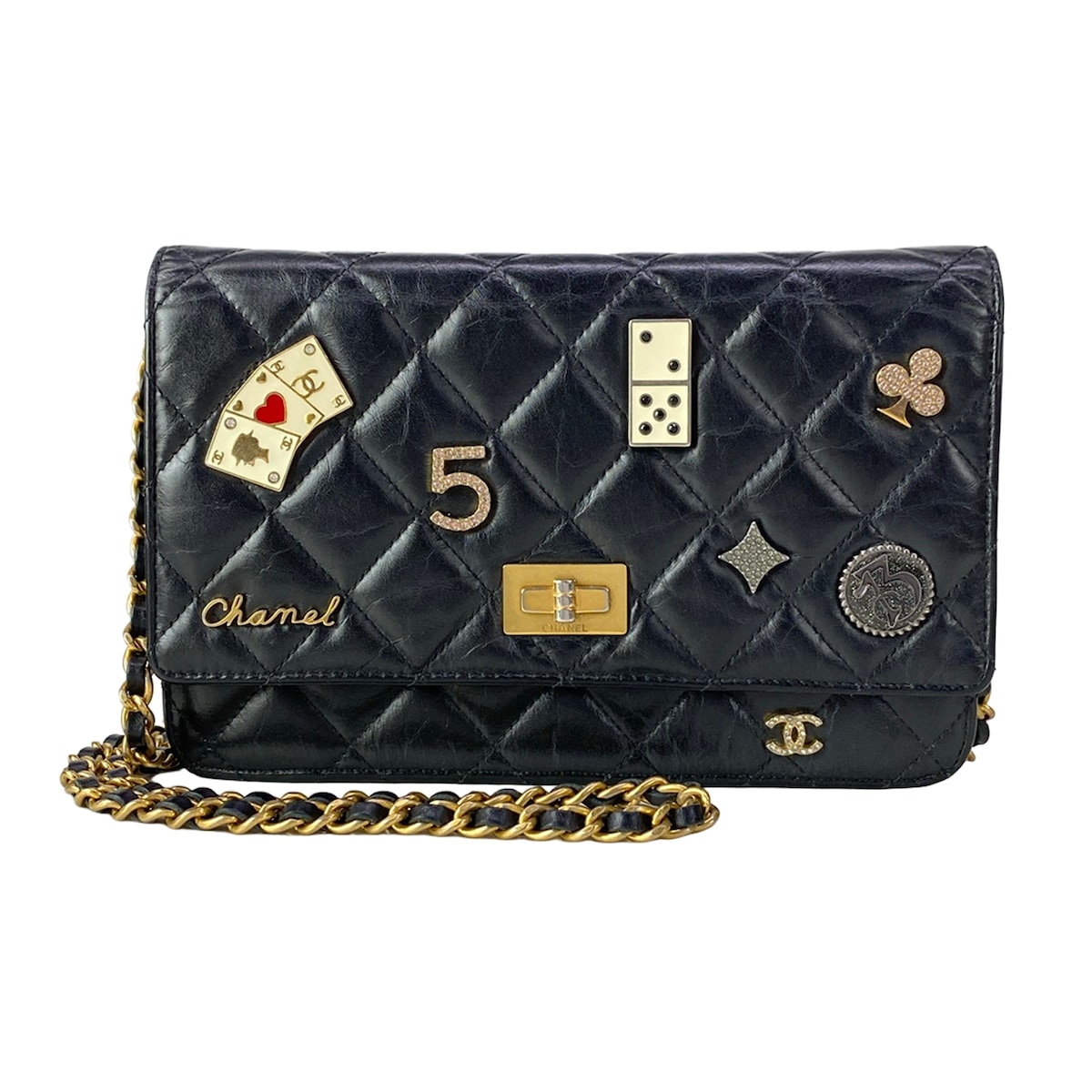【中古】CHANEL(シャネル) 2.55/アイコンチャーム ショルダーバッグ ヴィンテージゴールド金具/チェーン店肩部 黒