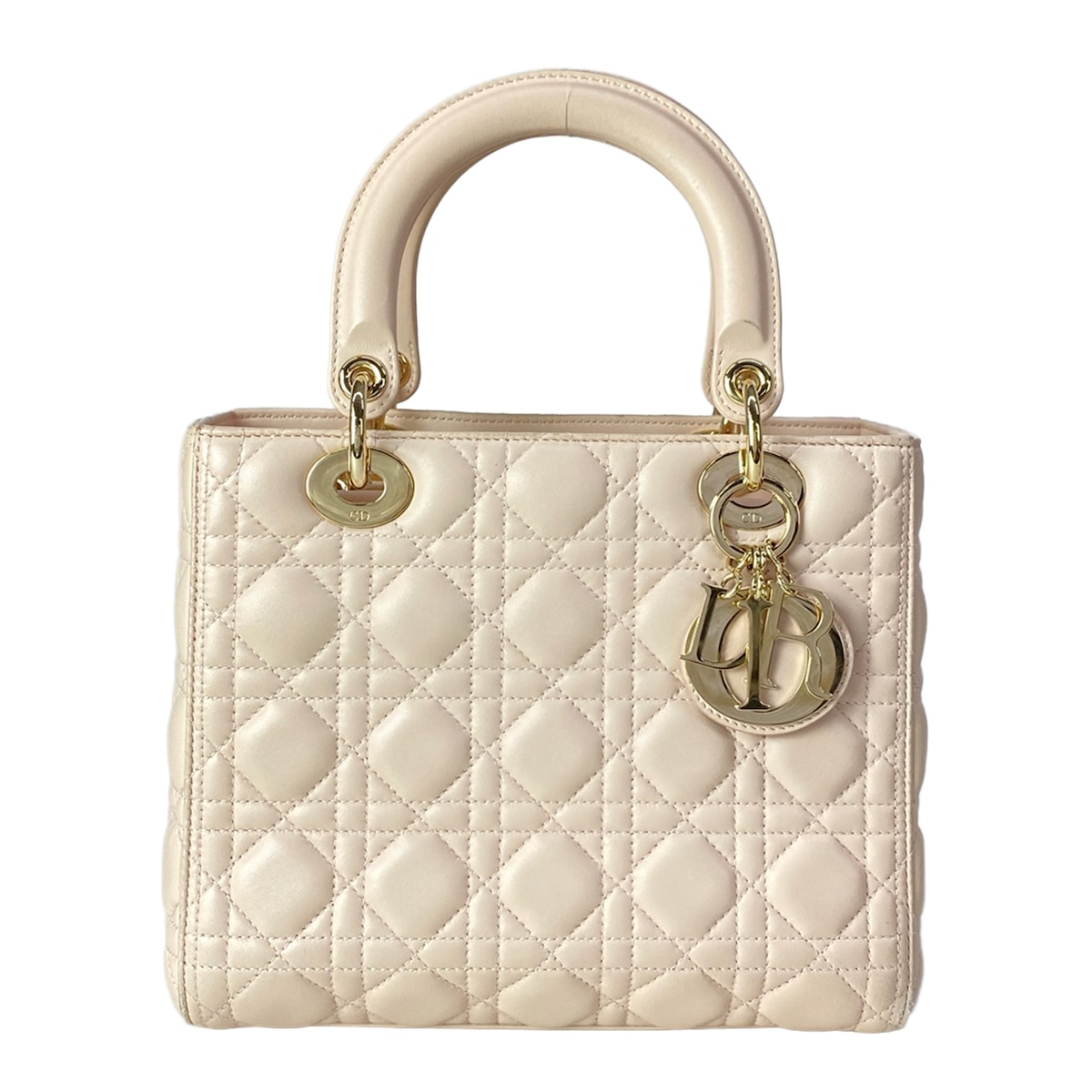 【新着】【中古】DIOR/ChristianDior(クリスチャンディオール/ディオール) レディディオールミディアムバッグ ハンドバック ゴールド金具 ともし火サクラ色 子ヒツジひと肌 ハンドバッグ-バッグ