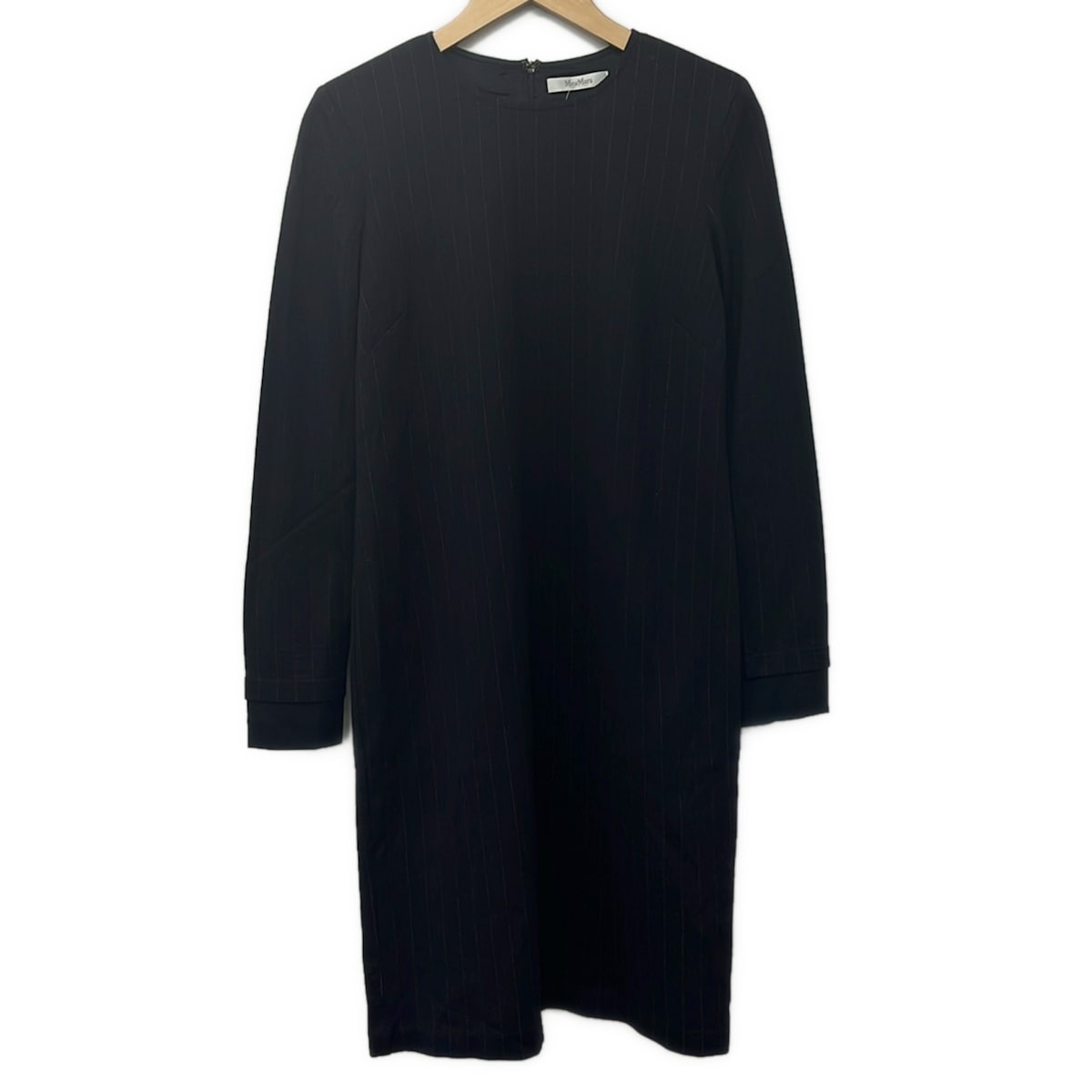 【新着】【中古】Max Mara(マックスマーラ) ワンピース クルーネック/長袖/ひざ丈/ストライプ/肩パッド ダークネイビー×ベージュ