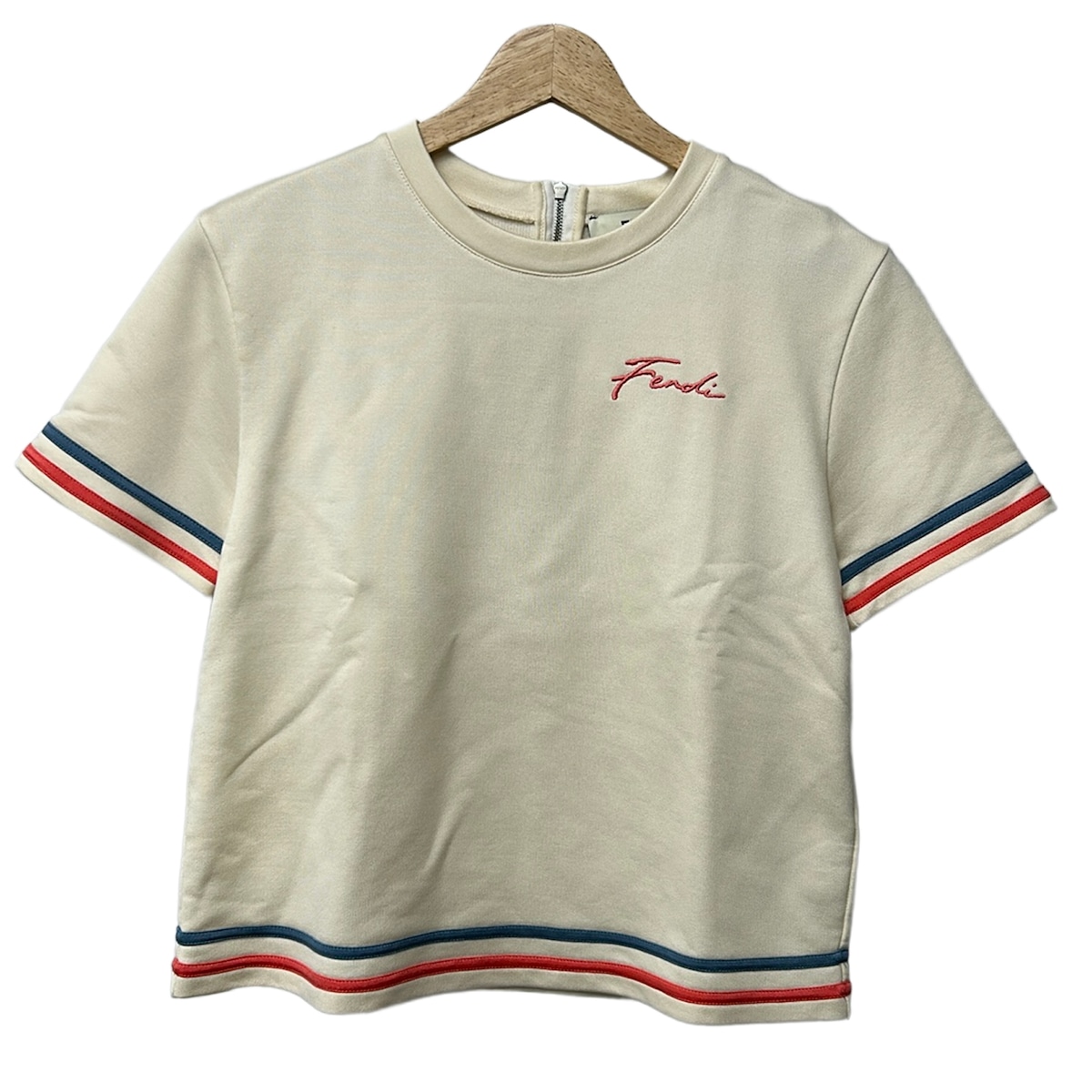 【中古】FENDI(フェンディ) 半袖カットソー プルオーバー/刺しゅう/ロゴタイプ 象牙色×サクラ色×青色薄墨色