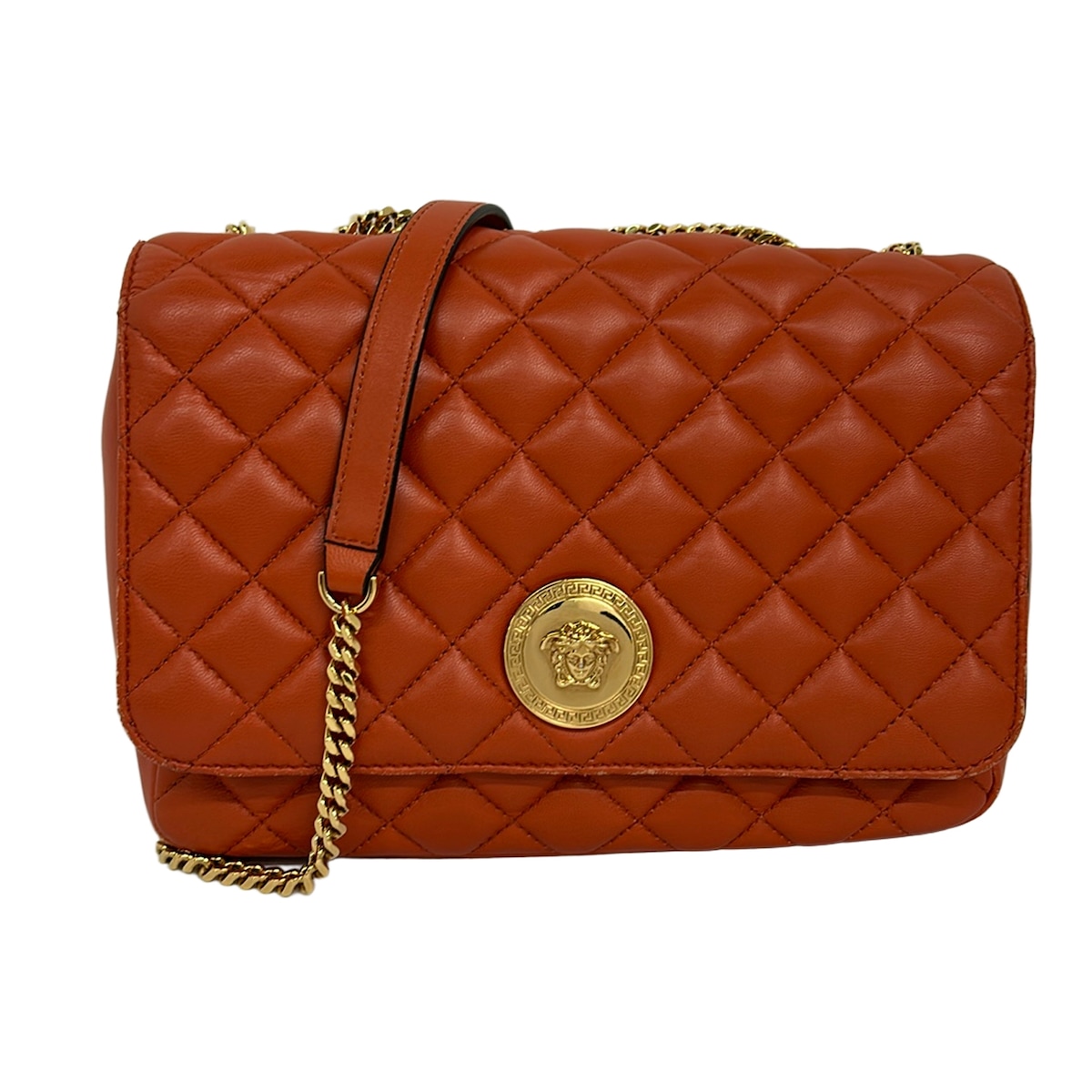 【中古】VERSACE(ヴェルサーチ) ショルダーバッグ チェーン店肩先 オレンジ色 なめし革