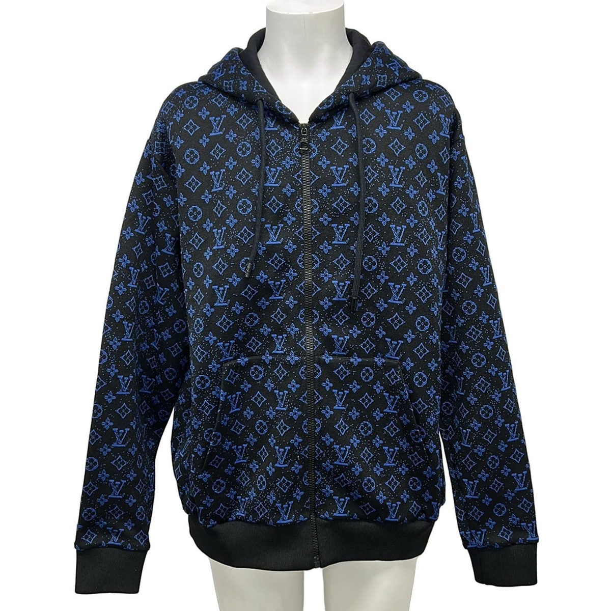 【中古】LOUIS VUITTON(ルイヴィトン) モノグラム ジップスルー ジャカード フーディ パーカー 長袖/モノグラム柄/ジップアップ 黒×青色