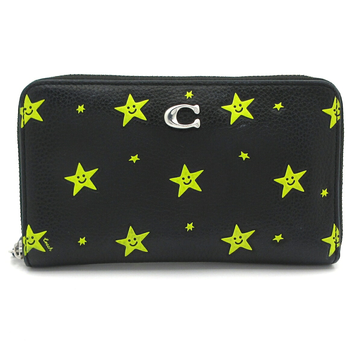 【中古】COACH(コーチ職) コズミック/コーチ職 並み並み ジップ アラウンド ウォレット・スター 刷り上げる 長札入れ ラウンドジッパー 黒×黄み なめし革 バッグ・小物・ブランド雑貨-レディース財布-財布・ケース