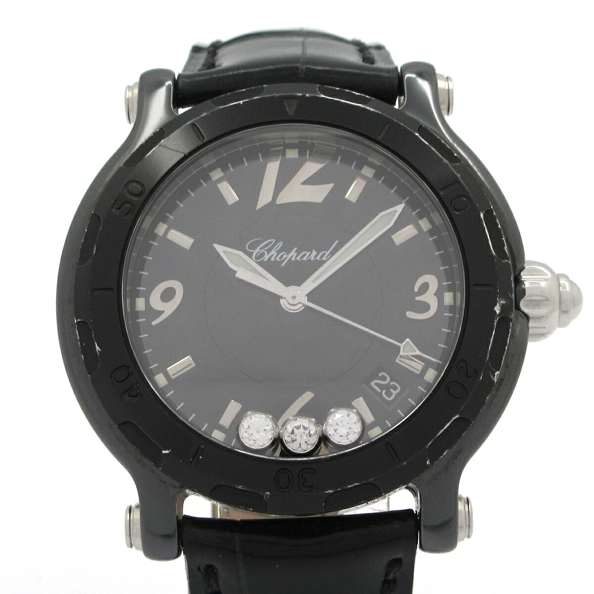 【中古】Chopard(ショパール) 心うれしい運動競技 ウォッチ 陶芸/3000本制限事項/3Pムービングダイヤ/クロコベルト 黒