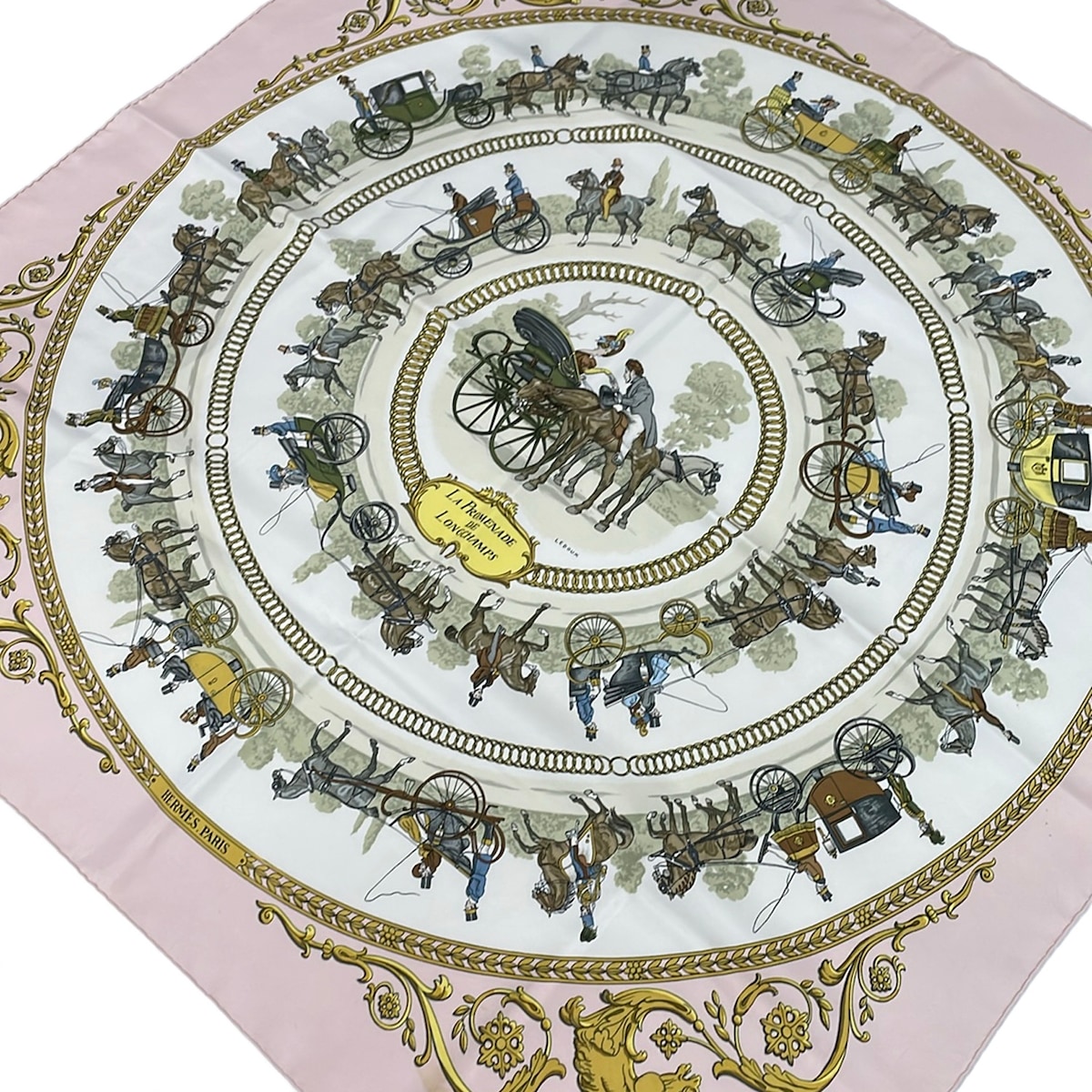 【新着】【中古】HERMES(エルメス) カレ90 えり巻き 天使の都市 PROMENADE DE LONGCHAMPS 白×ともし火サクラ色×マルチ