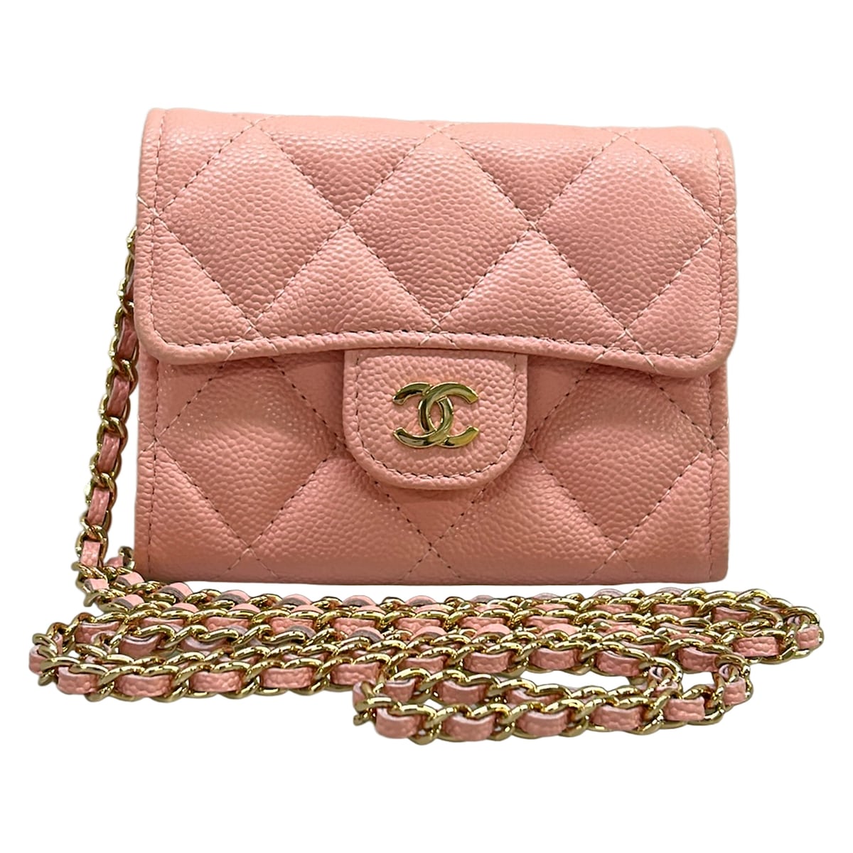 【中古】CHANEL(シャネル) クラシックミニチェーンウォレット/マトラッセ 札入れ チェーンウォレット/ゴールド金具 点火装置サクラ色