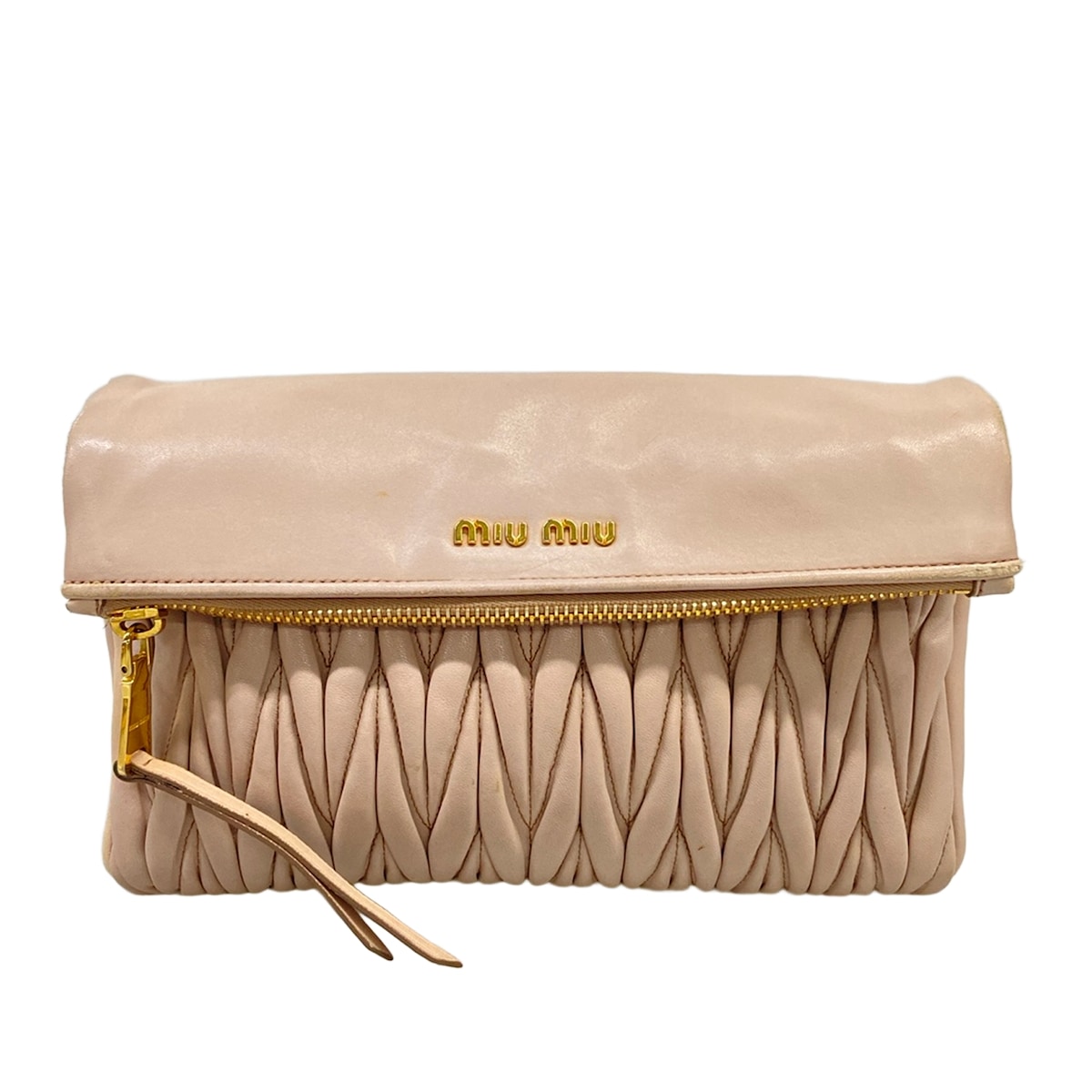 【中古】miumiu(ミュウミュウ) マテラッセ クラッチペダル御徒面子 サクラ色ベージュ なめし革