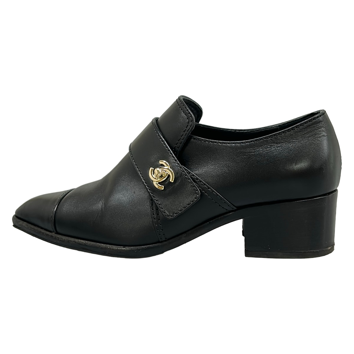【中古】CHANEL(シャネル) パンプス 折りかえし鍵を掛ける/ゴールド金具/アウトソール張替済 黒 なめし革