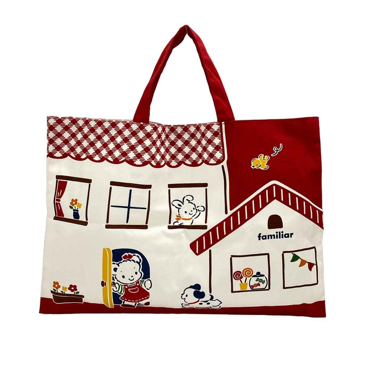 【中古】familiar(ファミリア) トートバッグ 白×赤いこと×マルチ 綿織物