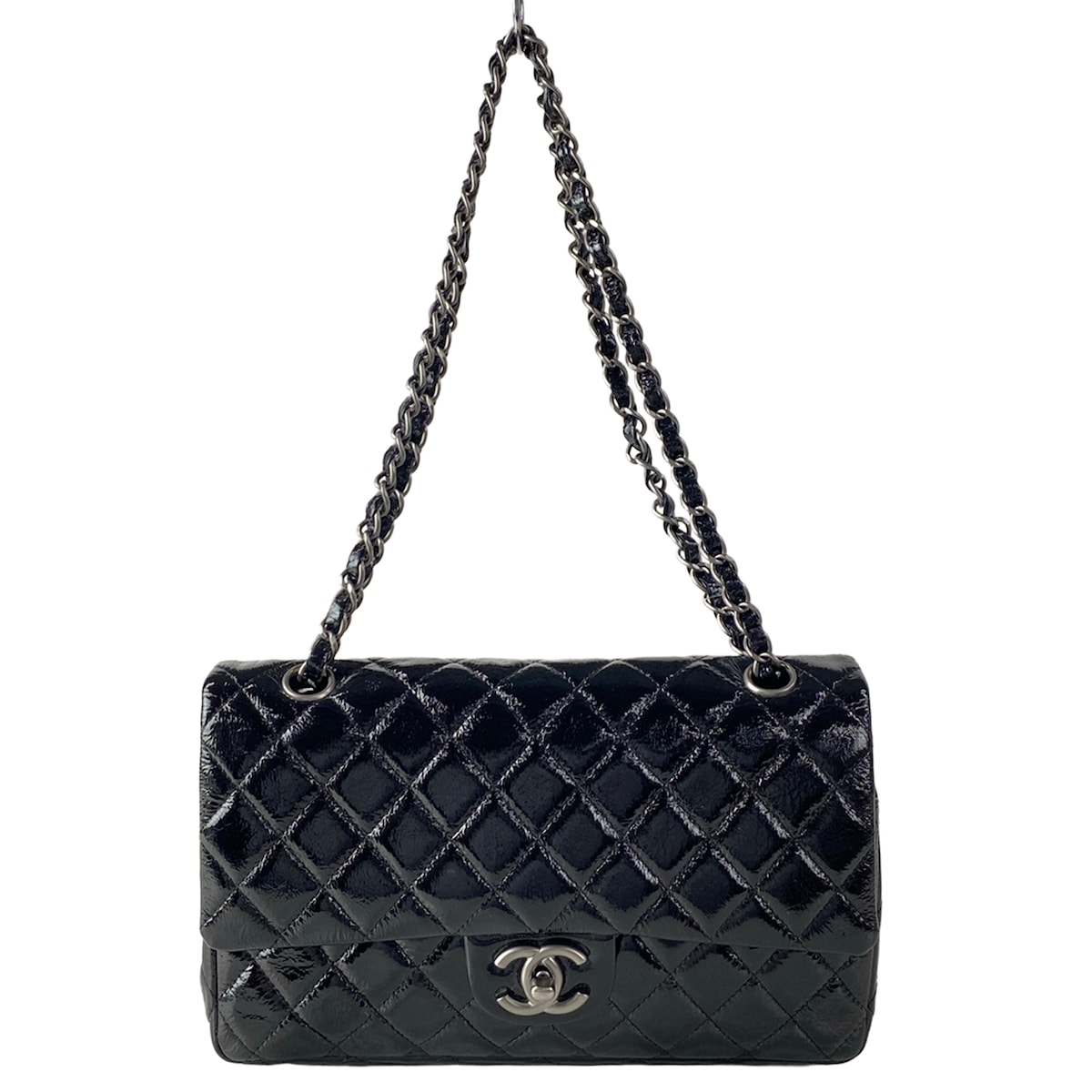 【中古】CHANEL(シャネル) ダブルフラップマトラッセ ショルダーバッグ チェーン店肩肉/引っ敷きしろがね色金具 黒 なめし革